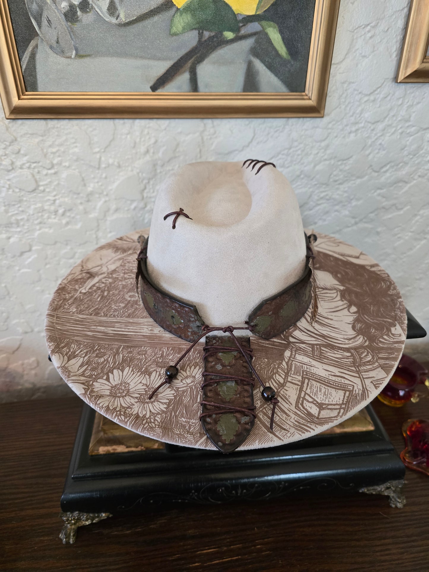 Laser Engraved Faux Suede Wide Brim Hat - Woman & Horse Design