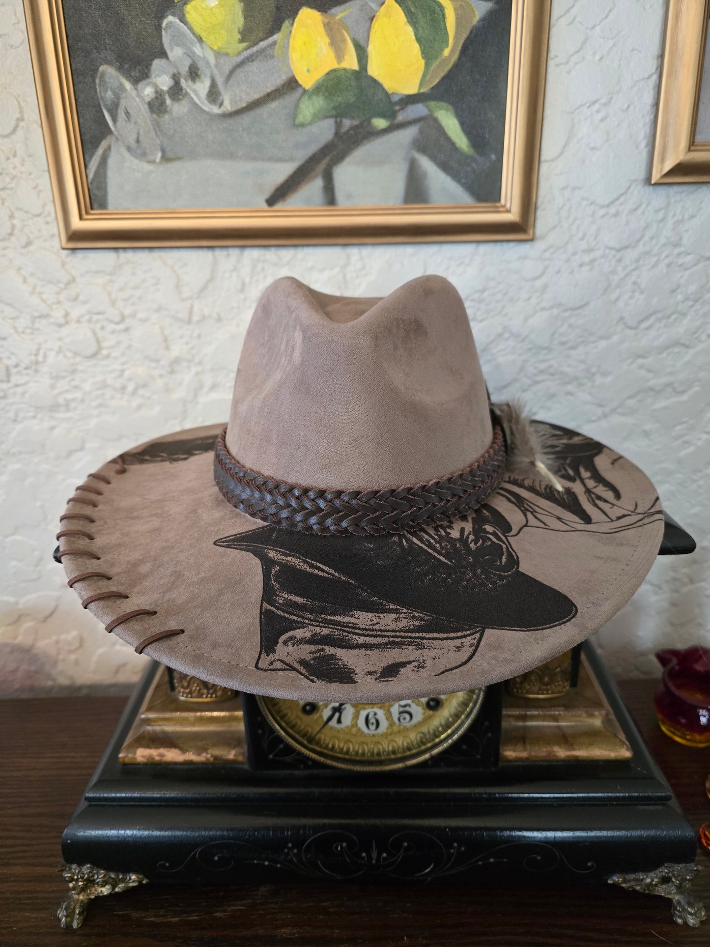 Laser Engraved Bluesman Faux Suede Wide Brim Hat - Guitar Player Design