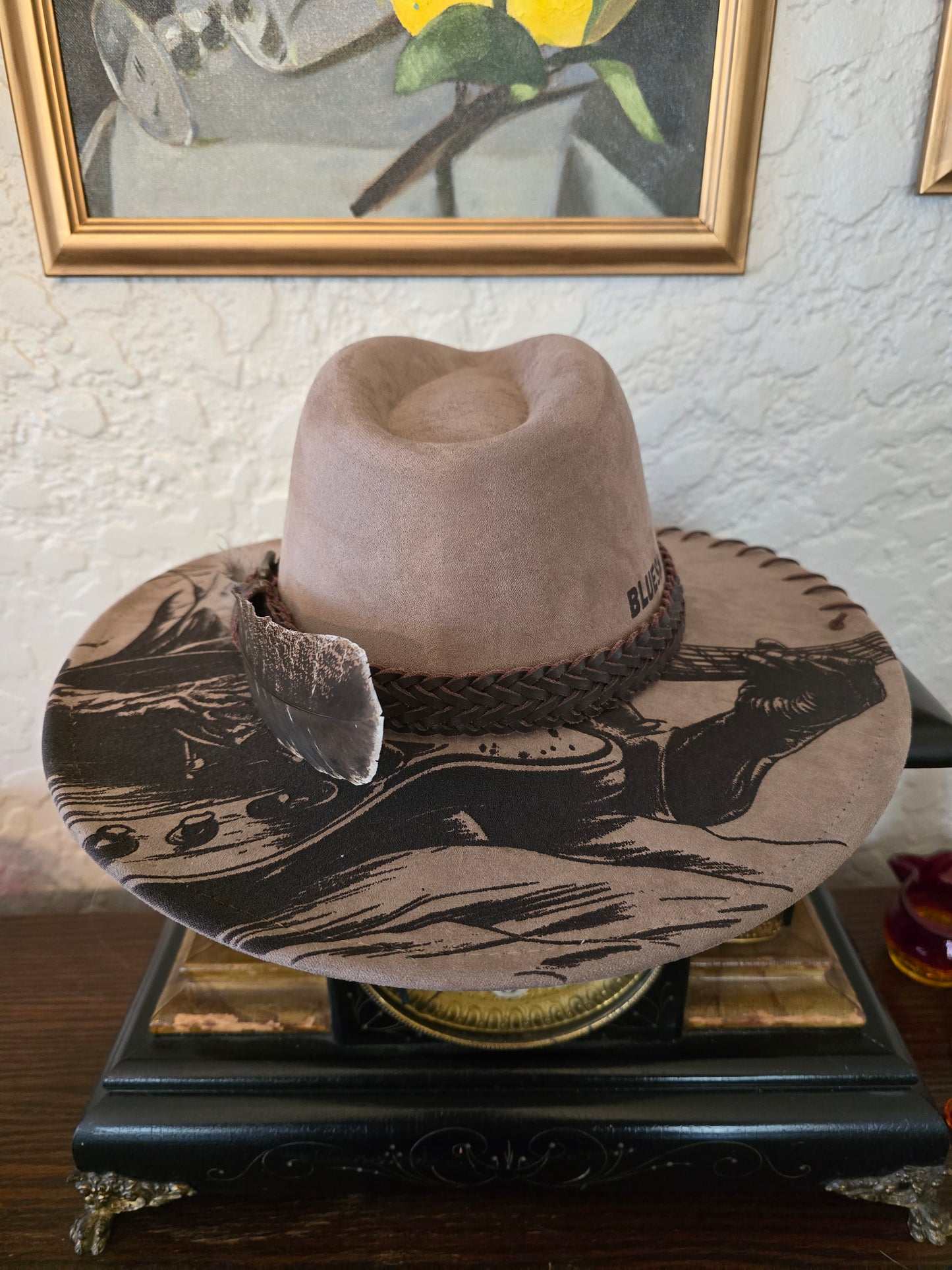 Laser Engraved Bluesman Faux Suede Wide Brim Hat - Guitar Player Design