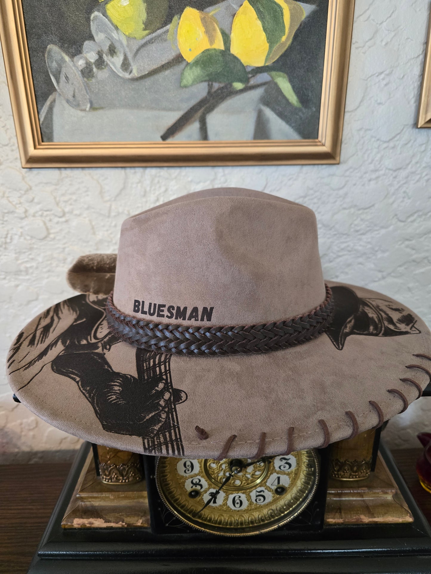 Laser Engraved Bluesman Faux Suede Wide Brim Hat - Guitar Player Design