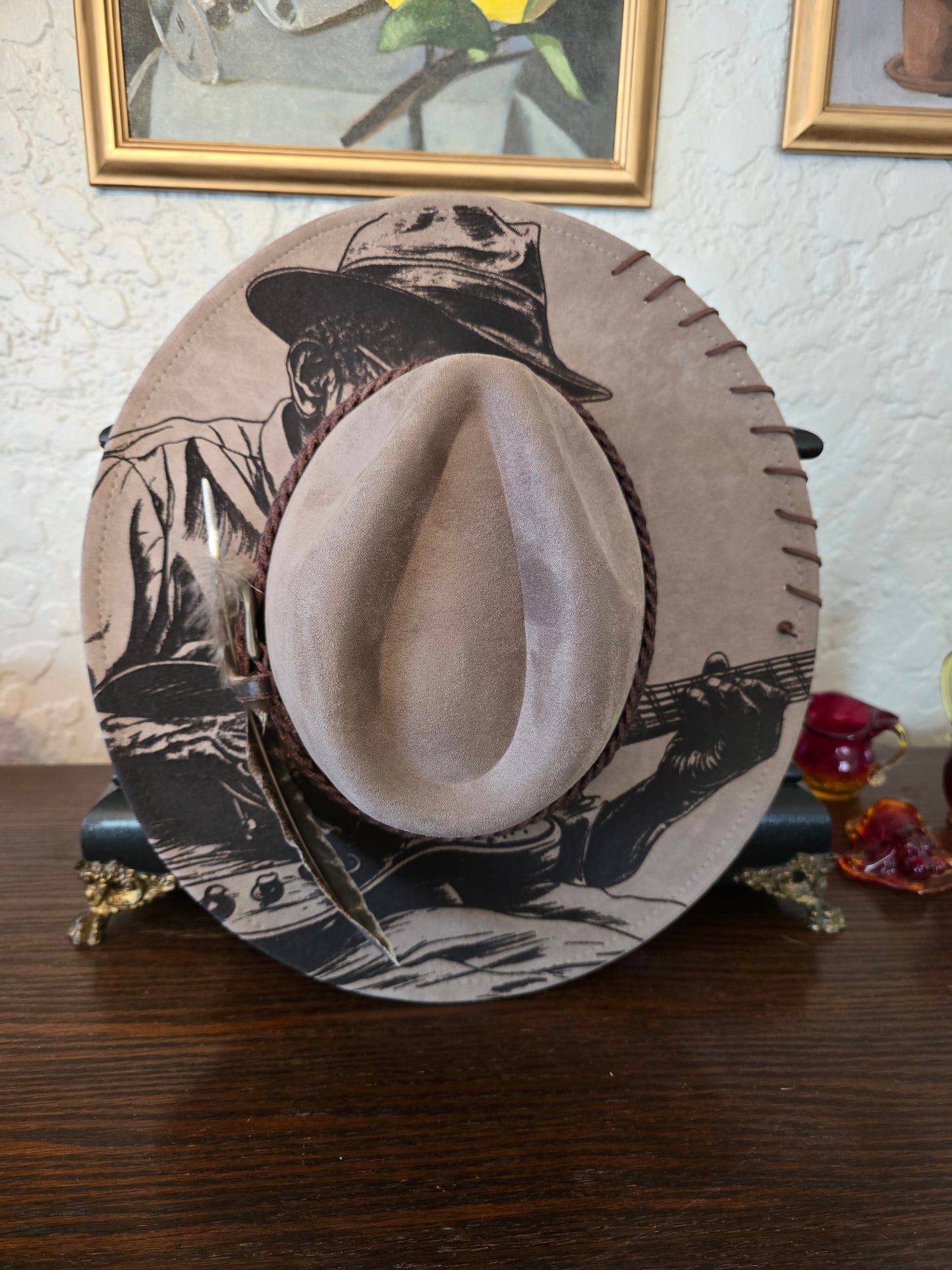 Laser Engraved Bluesman Faux Suede Wide Brim Hat - Guitar Player Design