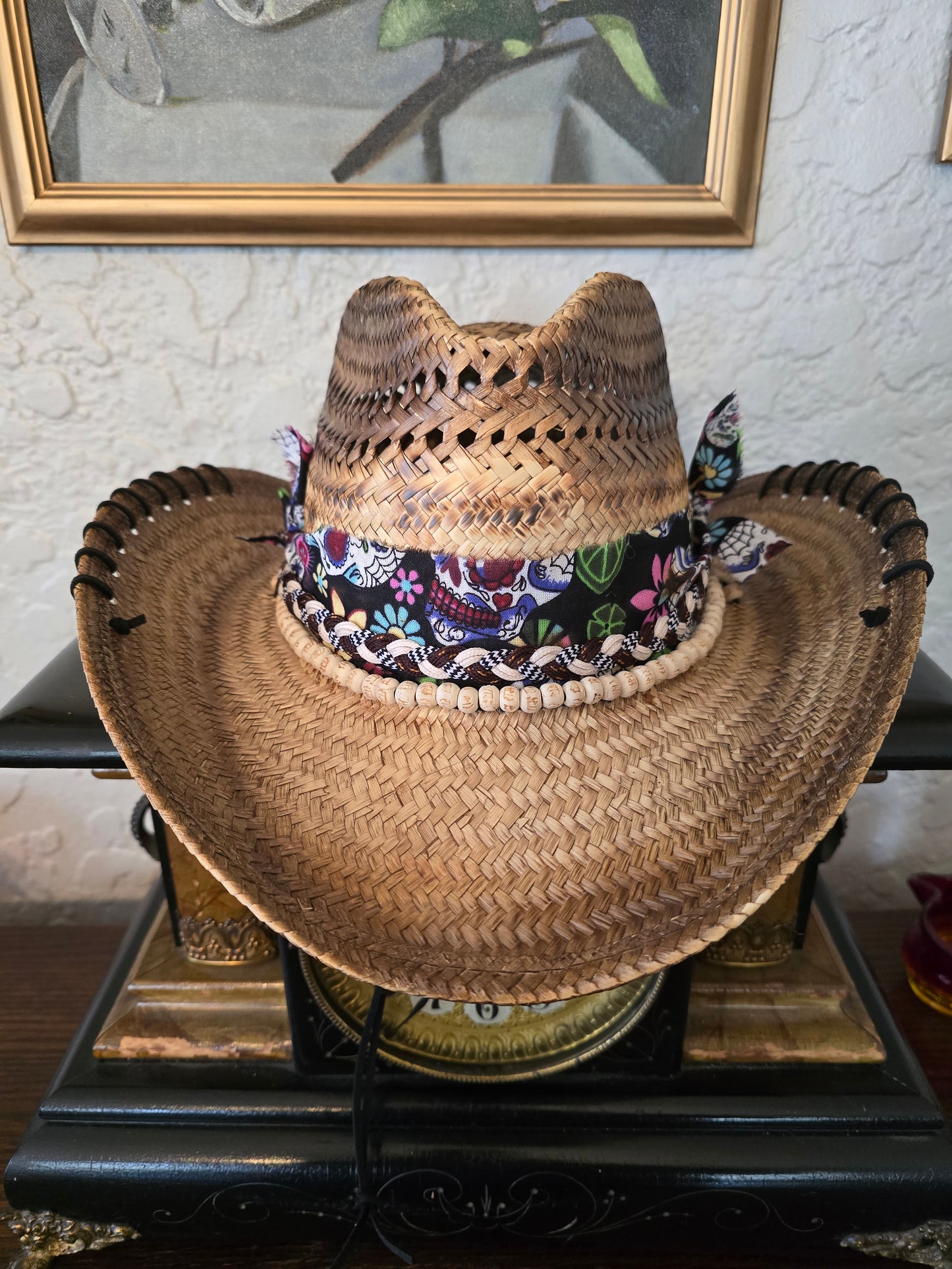 Dia de los Muertos Straw Cowboy Hat - Hand-Stitched Leather Accent
