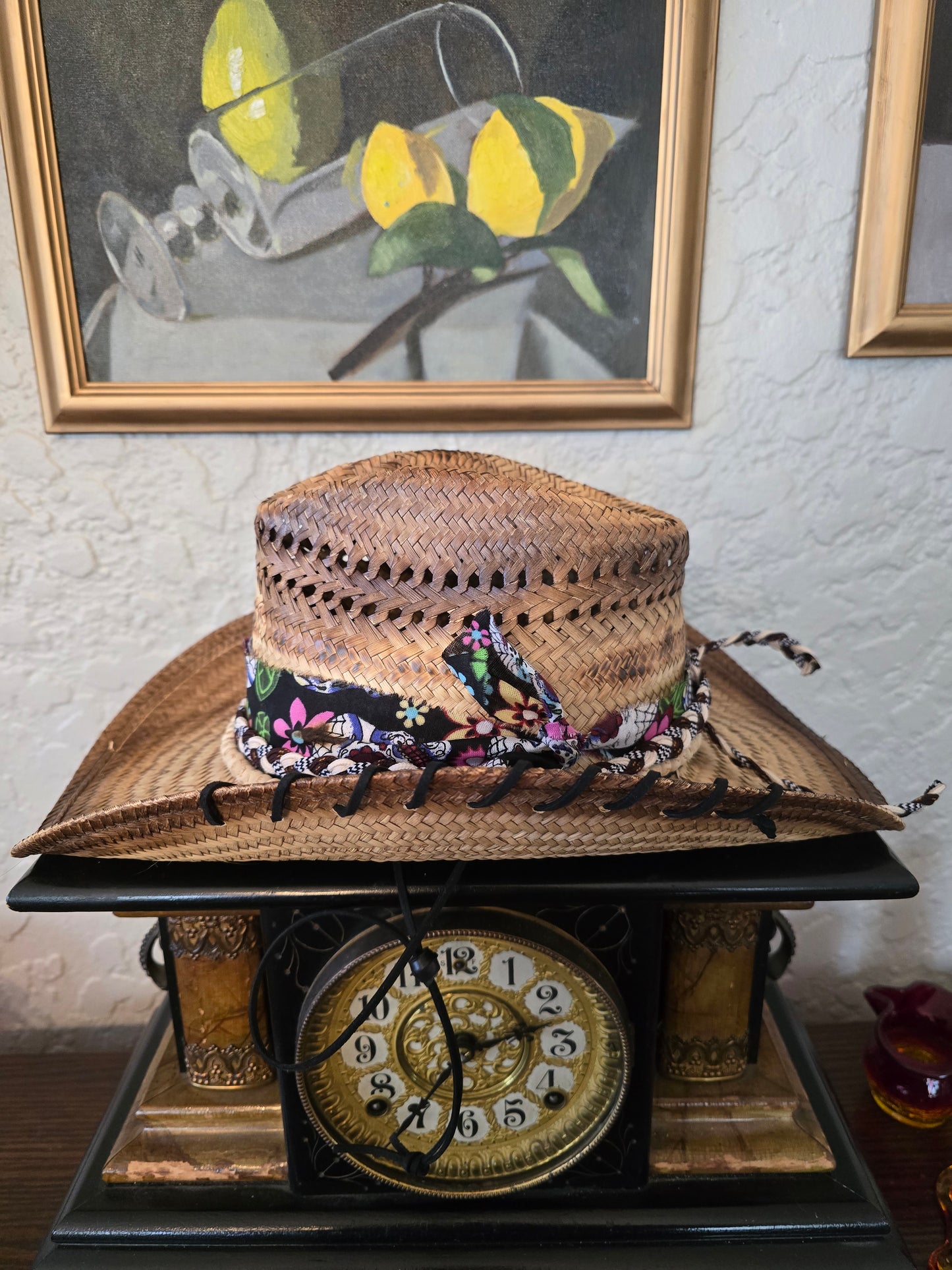 Dia de los Muertos Straw Cowboy Hat - Hand-Stitched Leather Accent