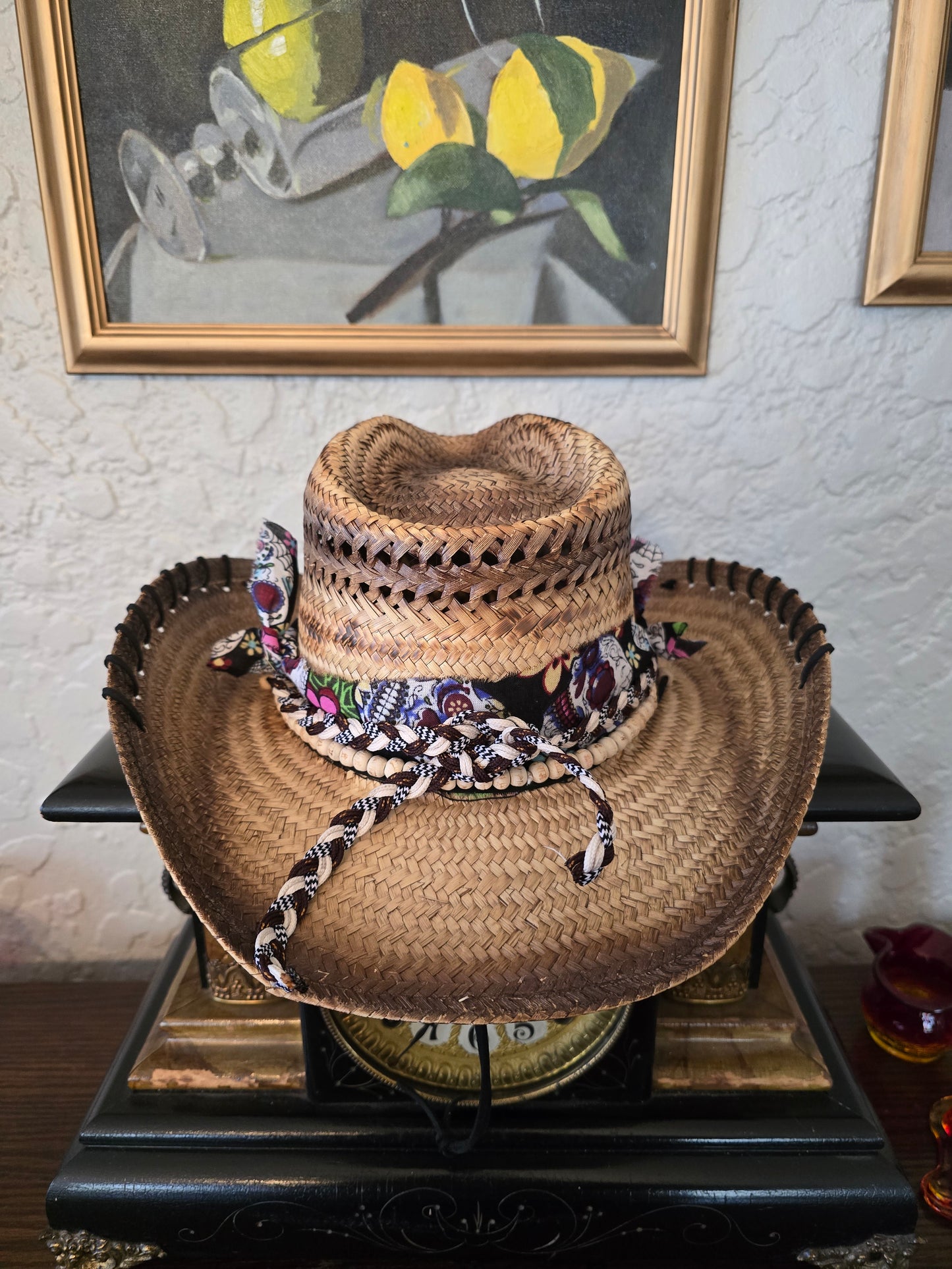 Dia de los Muertos Straw Cowboy Hat - Hand-Stitched Leather Accent