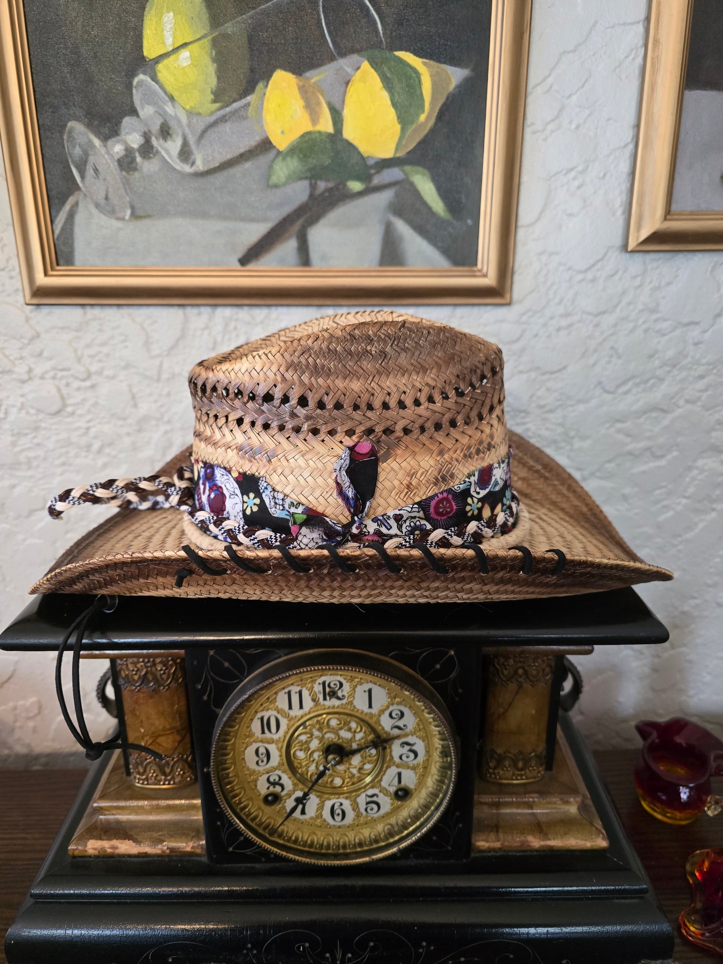 Dia de los Muertos Straw Cowboy Hat - Hand-Stitched Leather Accent