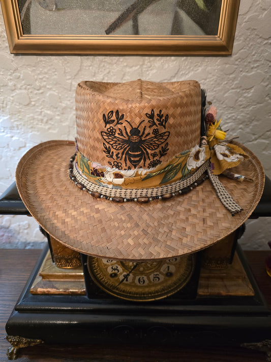 Bee Kind Laser Etched Straw Gambler Hat - Floral Design