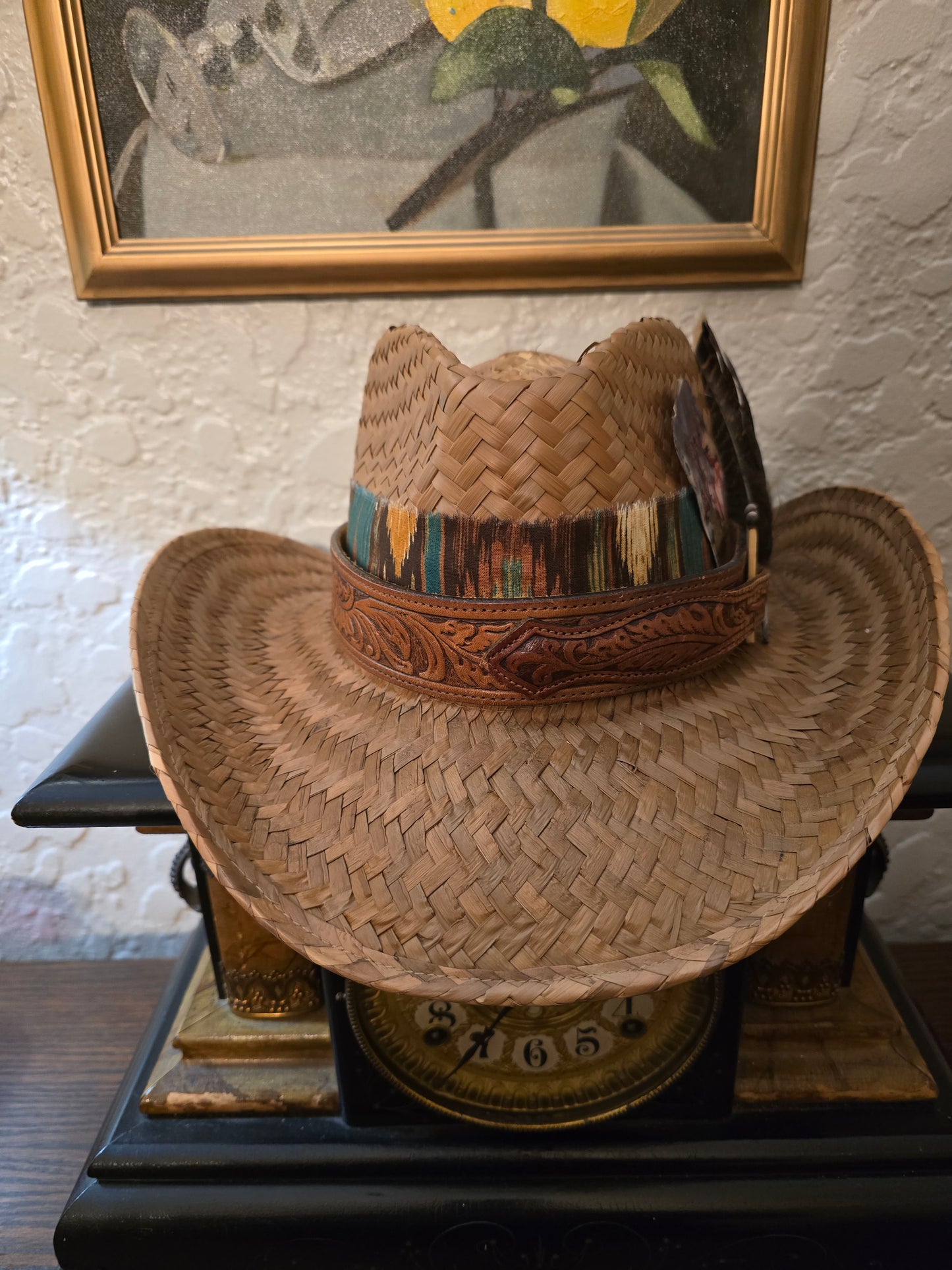 Vintage Tooled Leather Western Straw Cowboy Hat - Rugged Style