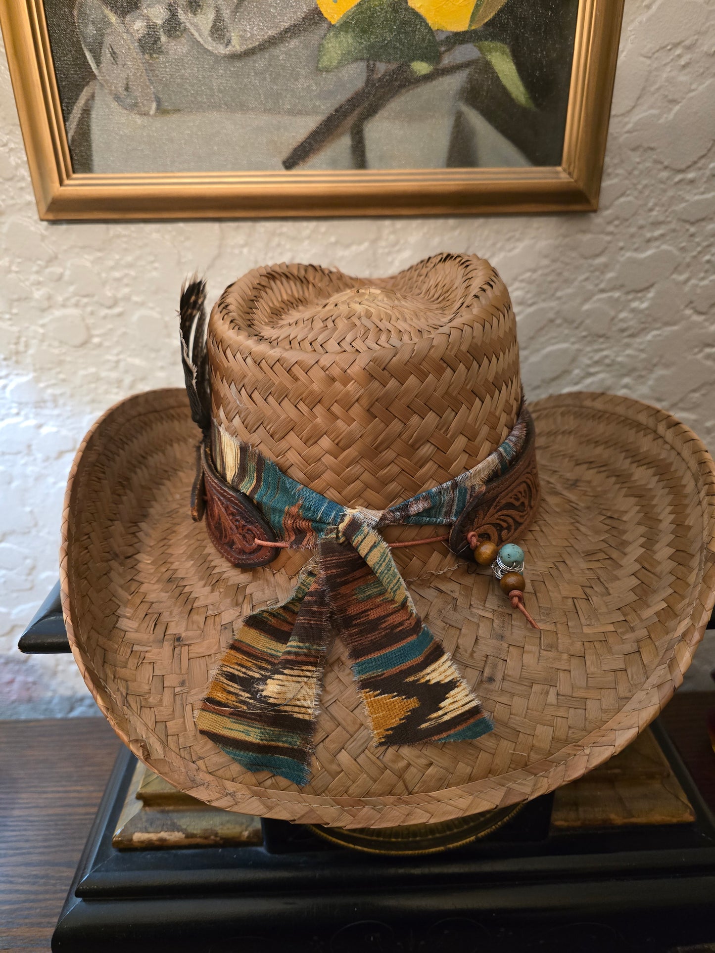Vintage Tooled Leather Western Straw Cowboy Hat - Rugged Style