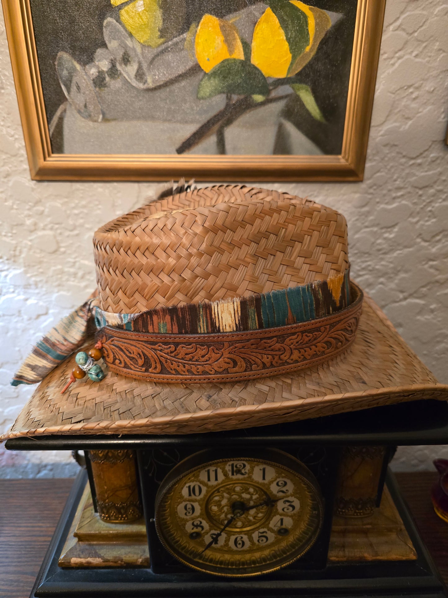 Vintage Tooled Leather Western Straw Cowboy Hat - Rugged Style