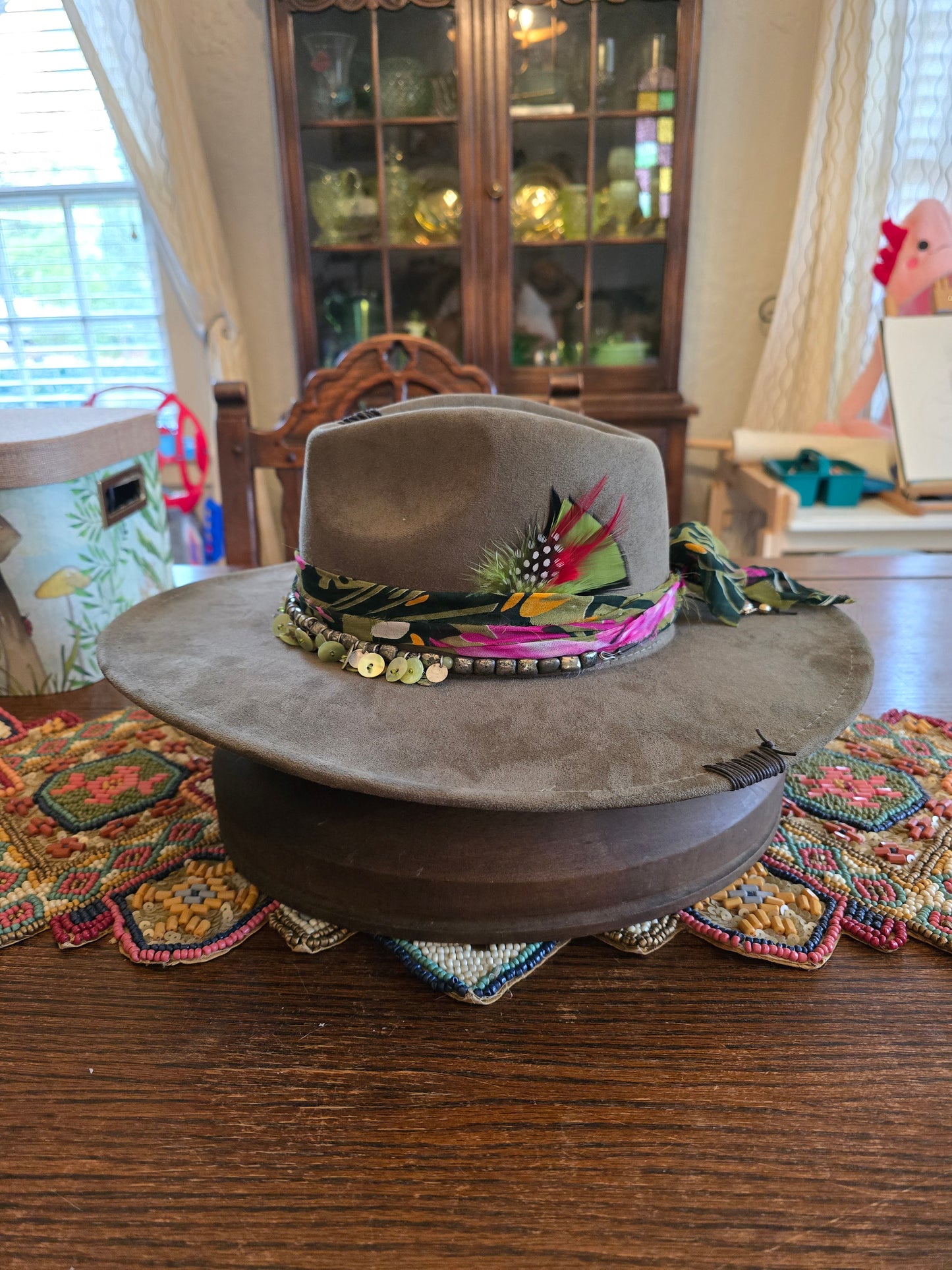 Moss Green Faux Suede Wide Brim Hat - Vintage Necklace & Tropical Hatband