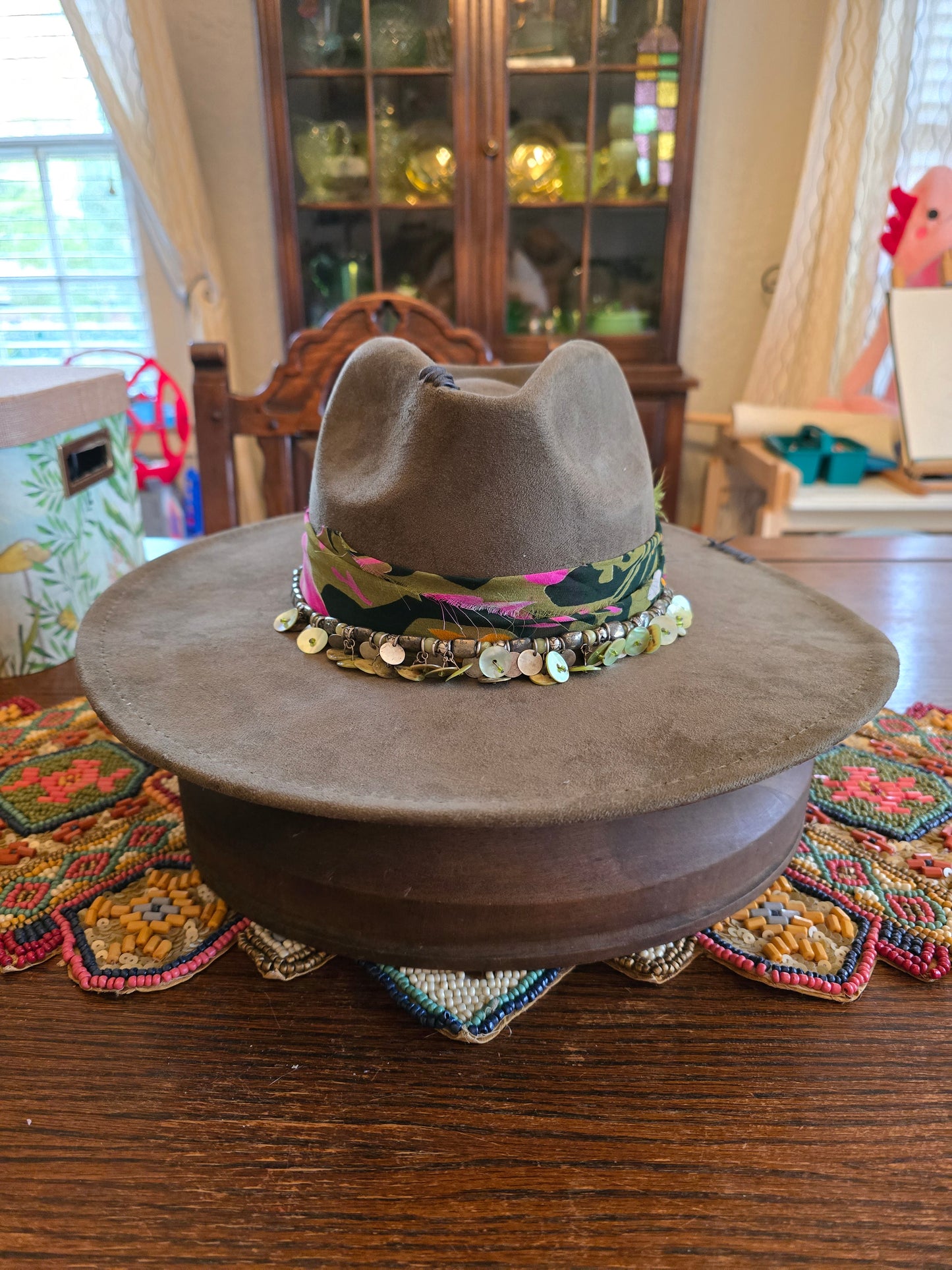 Moss Green Faux Suede Wide Brim Hat - Vintage Necklace & Tropical Hatband