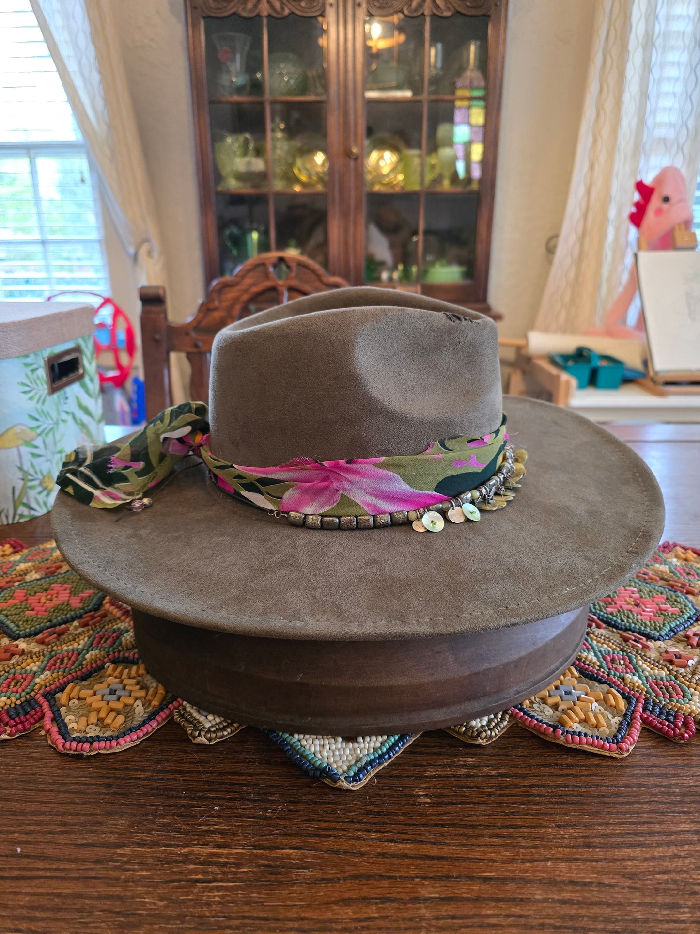 Moss Green Faux Suede Wide Brim Hat - Vintage Necklace & Tropical Hatband