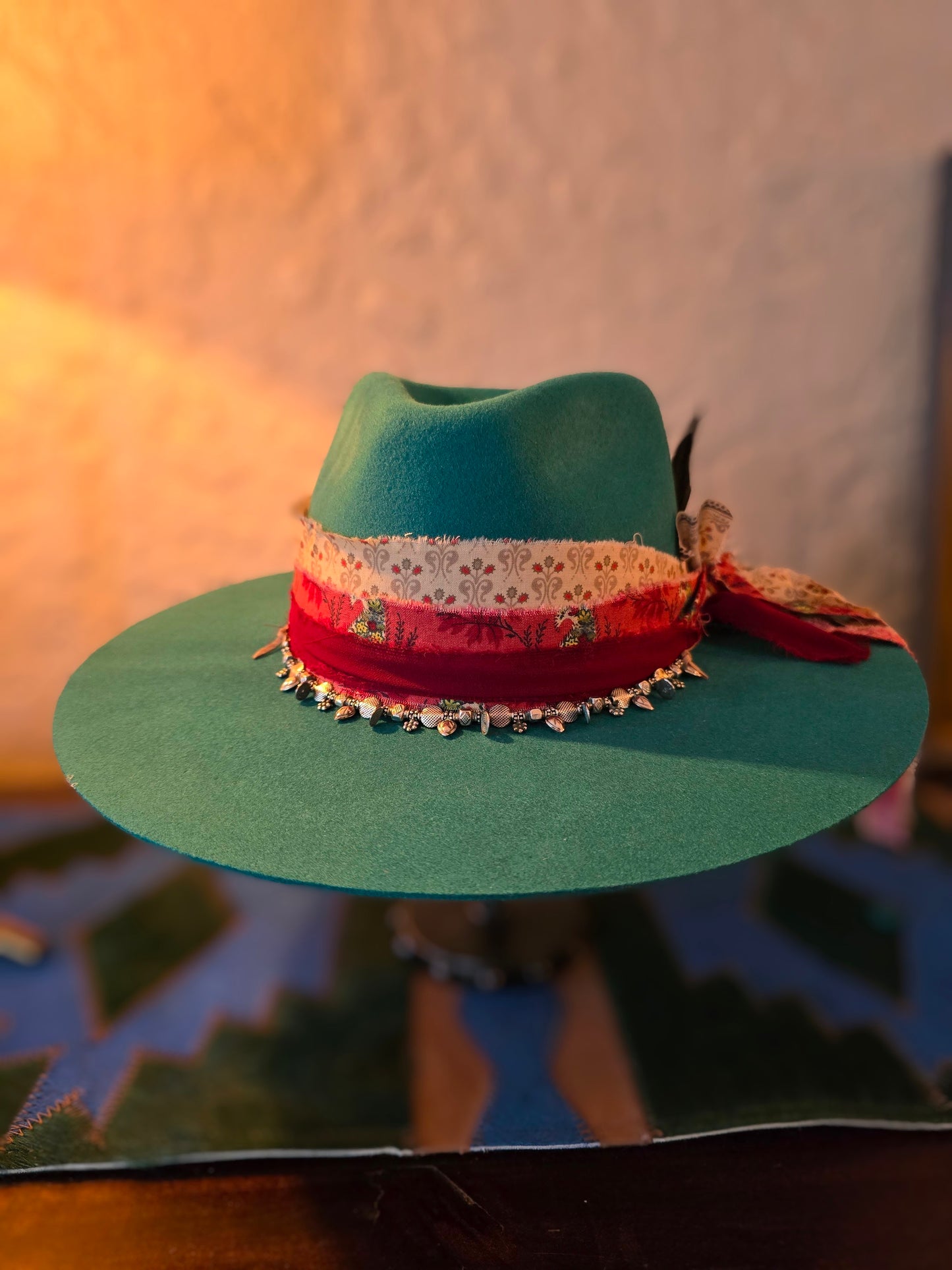 Teal Premium Wool Wide Brim Rancher Hat - Layered Fabric & Vintage Silver Necklace