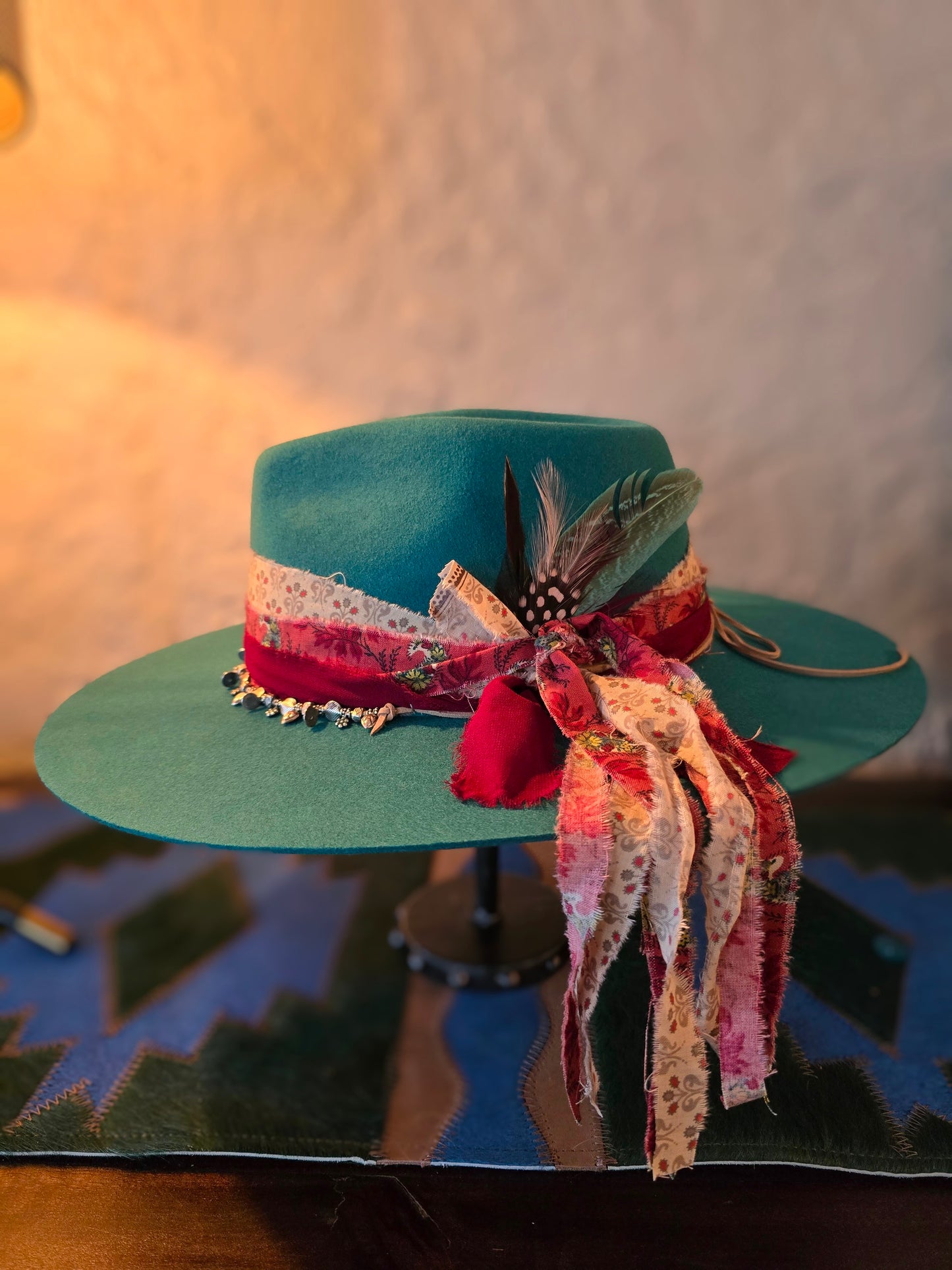 Teal Premium Wool Wide Brim Rancher Hat - Layered Fabric & Vintage Silver Necklace
