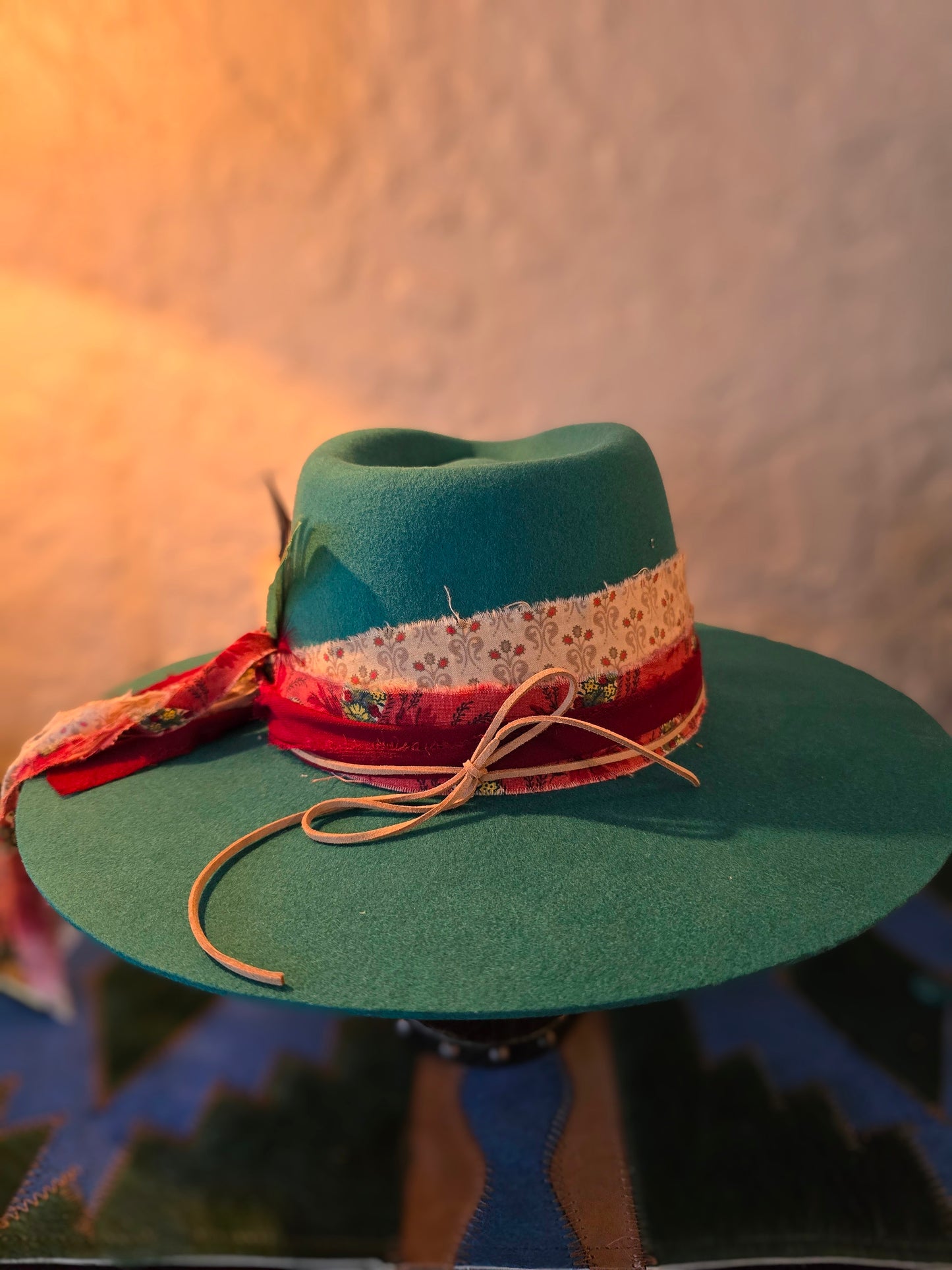 Teal Premium Wool Wide Brim Rancher Hat - Layered Fabric & Vintage Silver Necklace