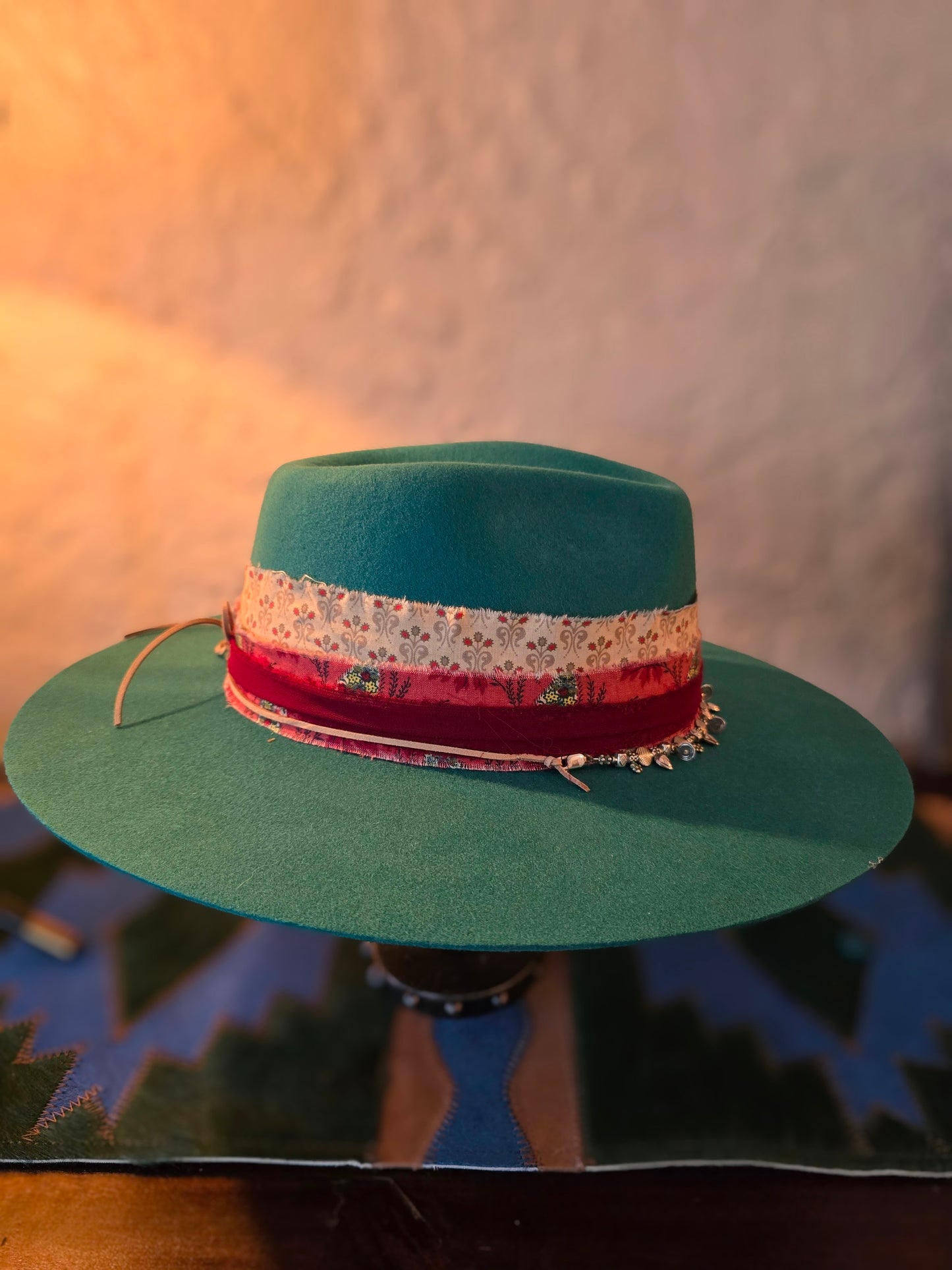 Teal Premium Wool Wide Brim Rancher Hat - Layered Fabric & Vintage Silver Necklace