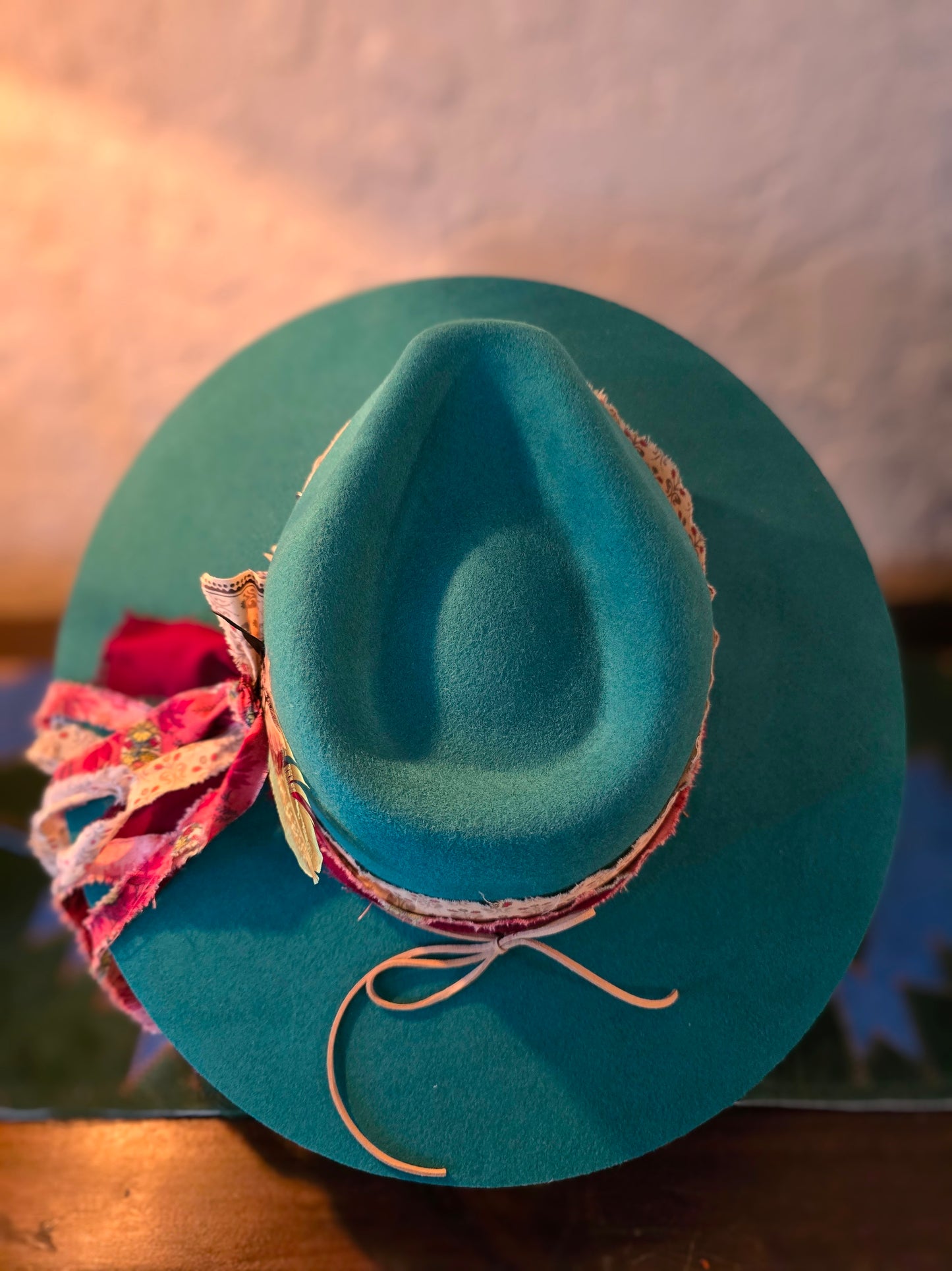 Teal Premium Wool Wide Brim Rancher Hat - Layered Fabric & Vintage Silver Necklace