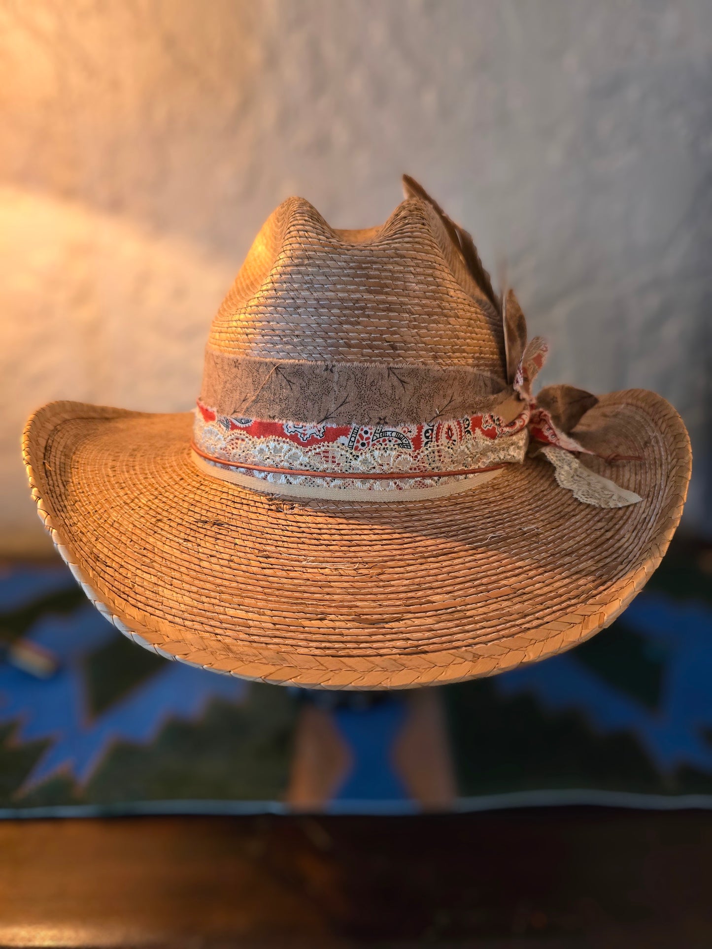 Western Straw Cowboy Hat - Layered Lace & Bandana Hatband with Singed Card