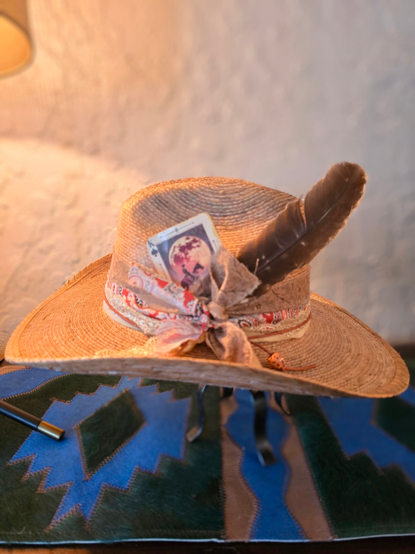 Western Straw Cowboy Hat - Layered Lace & Bandana Hatband with Singed Card