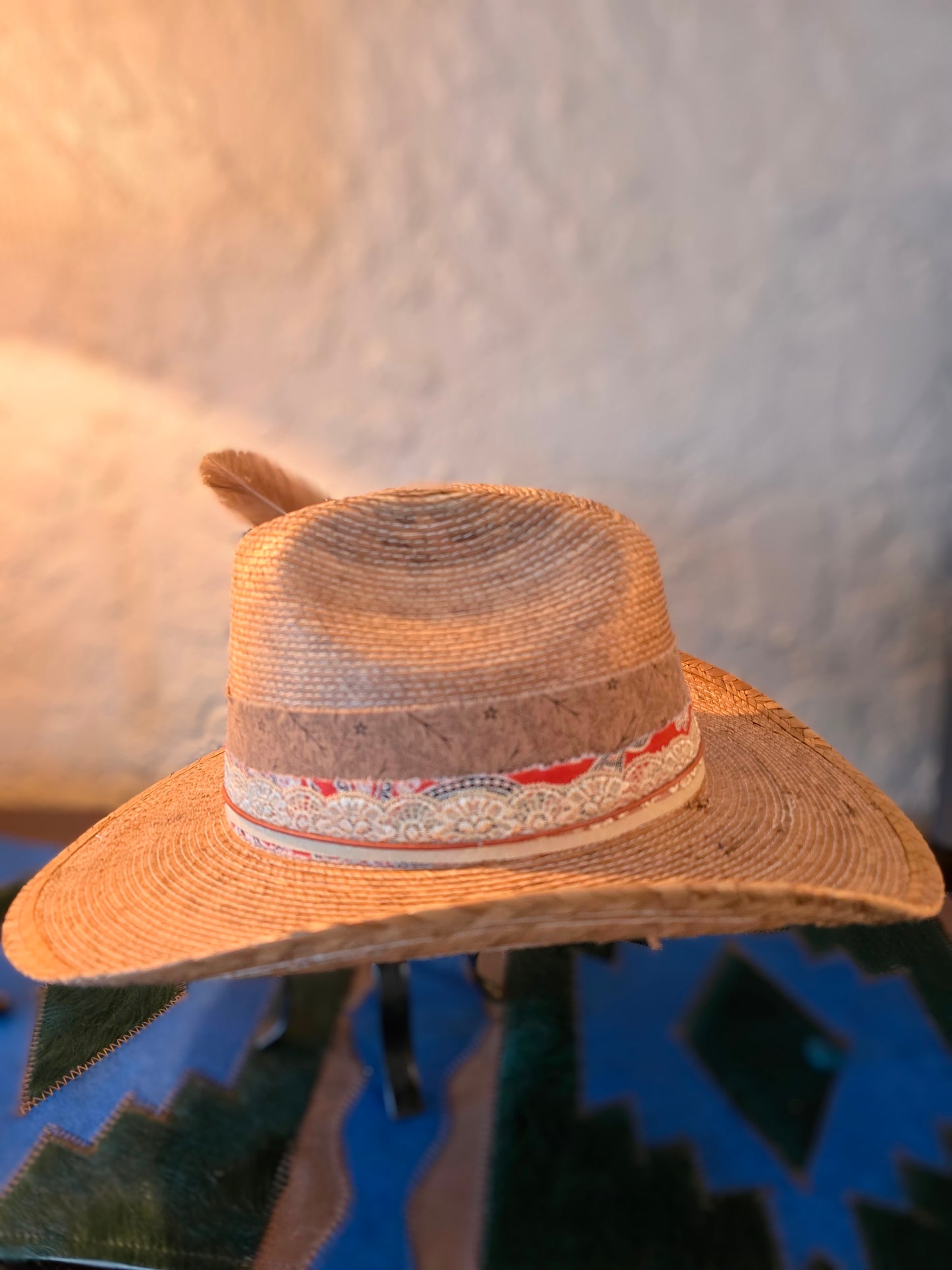 Western Straw Cowboy Hat - Layered Lace & Bandana Hatband with Singed Card