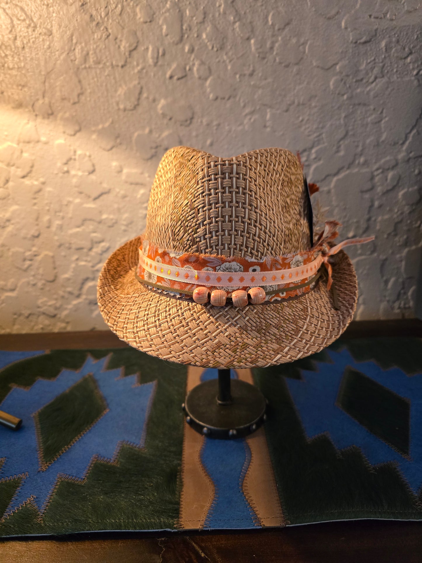 Artisan Straw Trilby Hat - Layered Fabric Hatband with Dried Botanical Accent