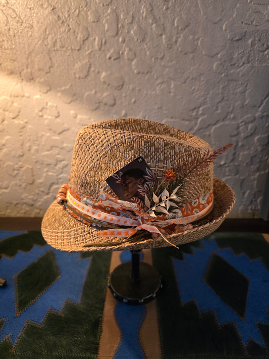 Artisan Straw Trilby Hat - Layered Fabric Hatband with Dried Botanical Accent