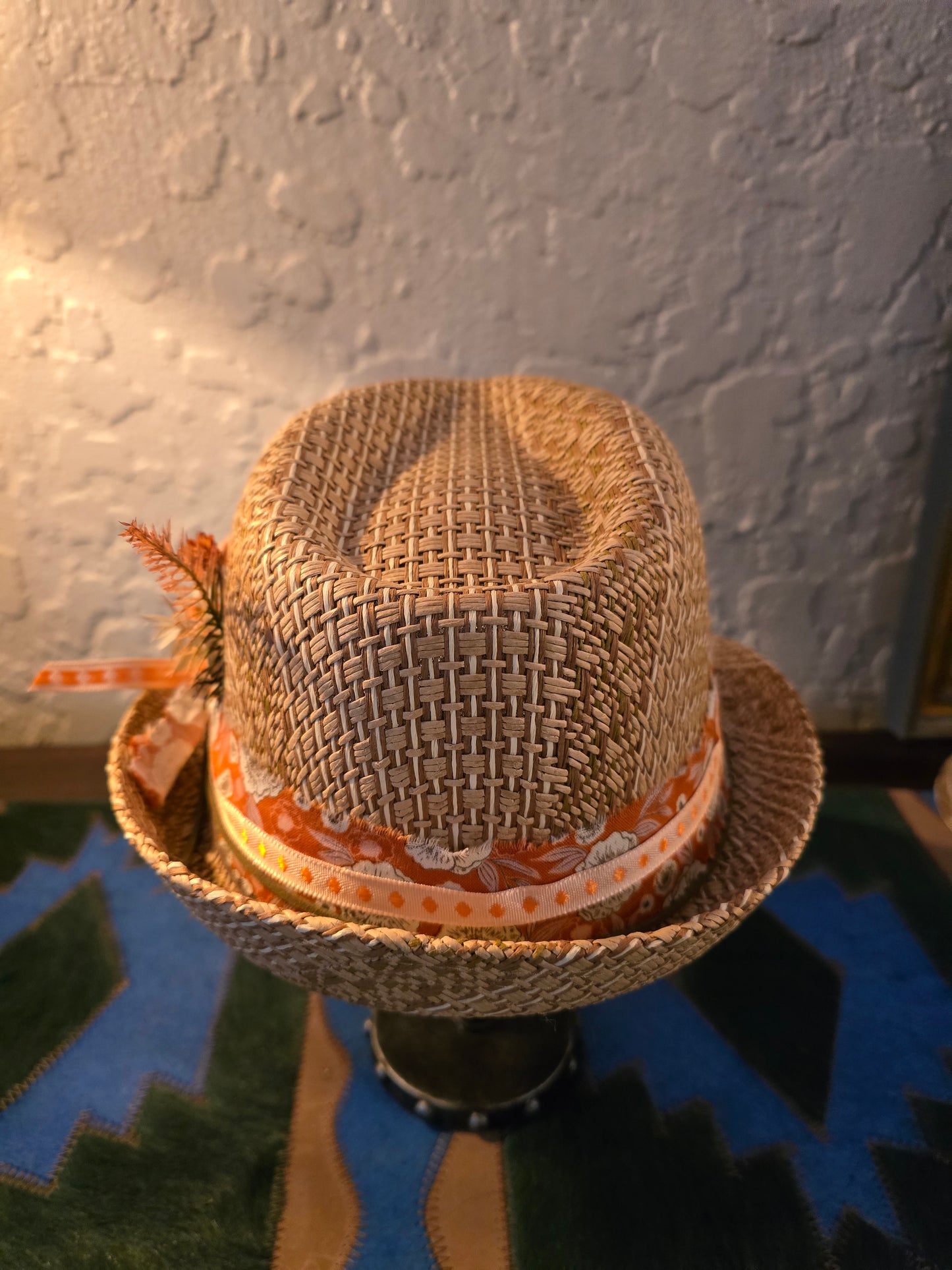 Artisan Straw Trilby Hat - Layered Fabric Hatband with Dried Botanical Accent