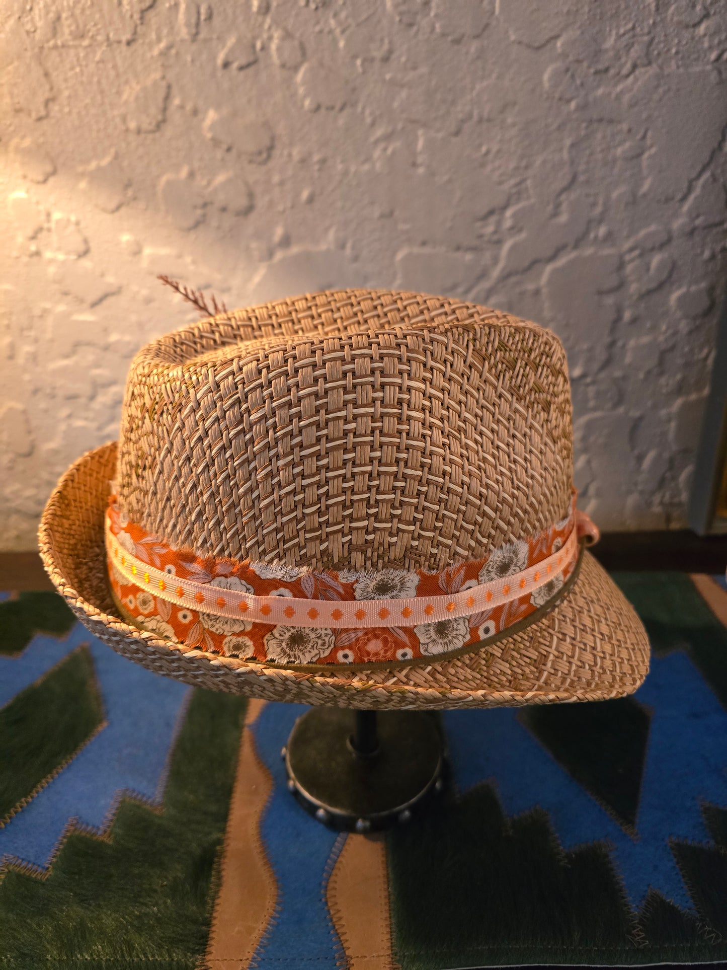 Artisan Straw Trilby Hat - Layered Fabric Hatband with Dried Botanical Accent