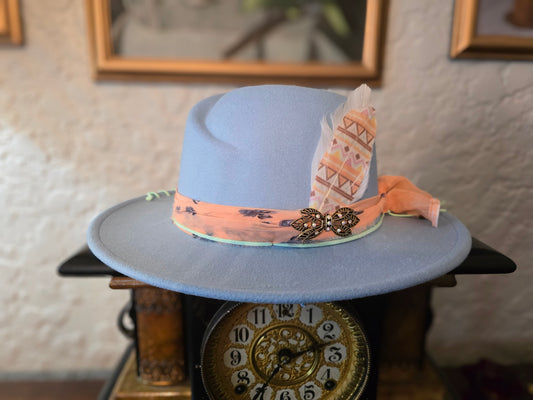 Folded Crown Fedora with Chiffon & Vintage Clip Accent in Sky Blue