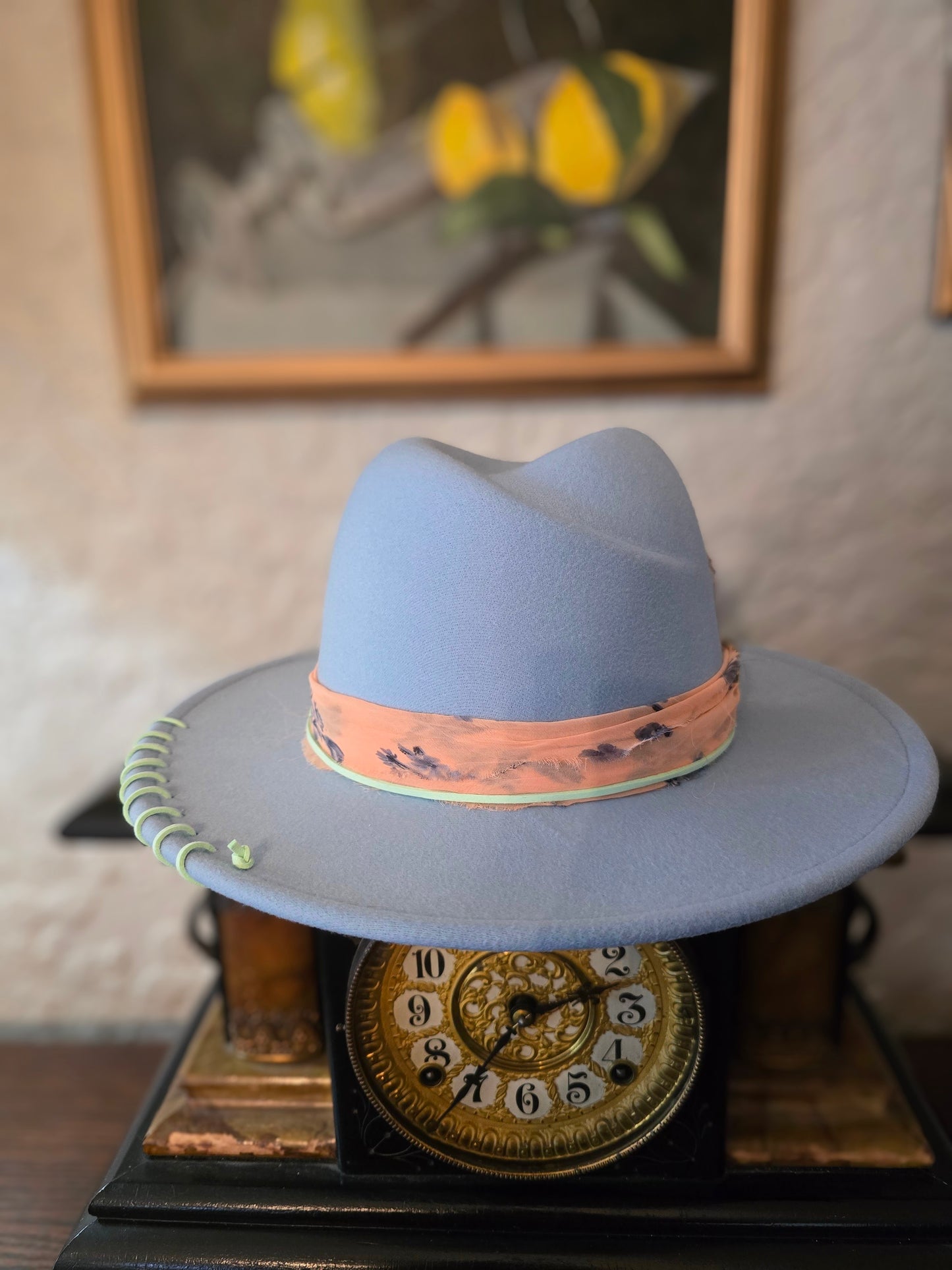 Folded Crown Fedora with Chiffon & Vintage Clip Accent in Sky Blue