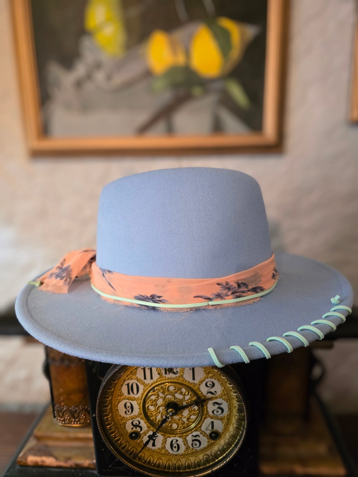 Folded Crown Fedora with Chiffon & Vintage Clip Accent in Sky Blue
