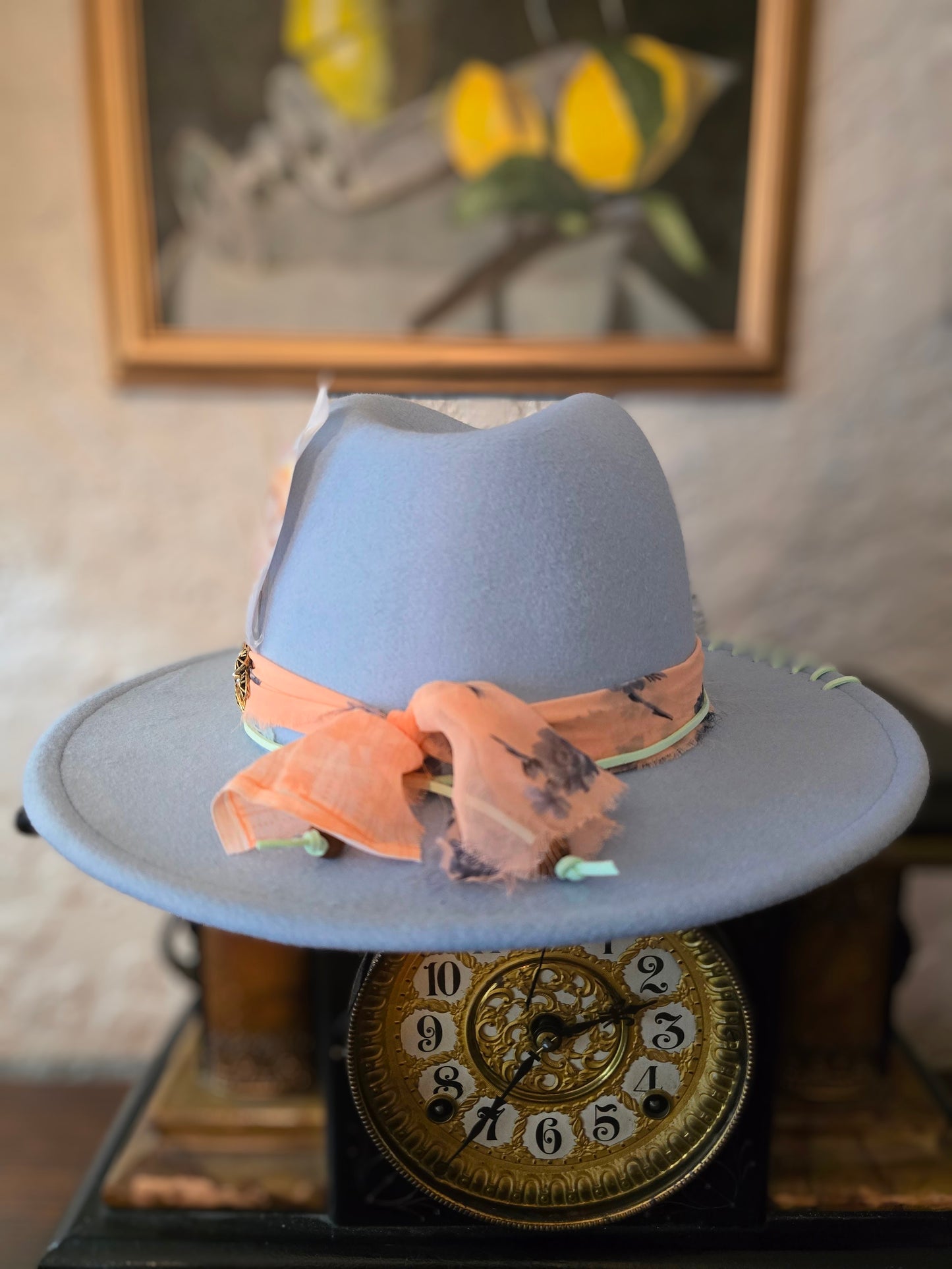 Folded Crown Fedora with Chiffon & Vintage Clip Accent in Sky Blue