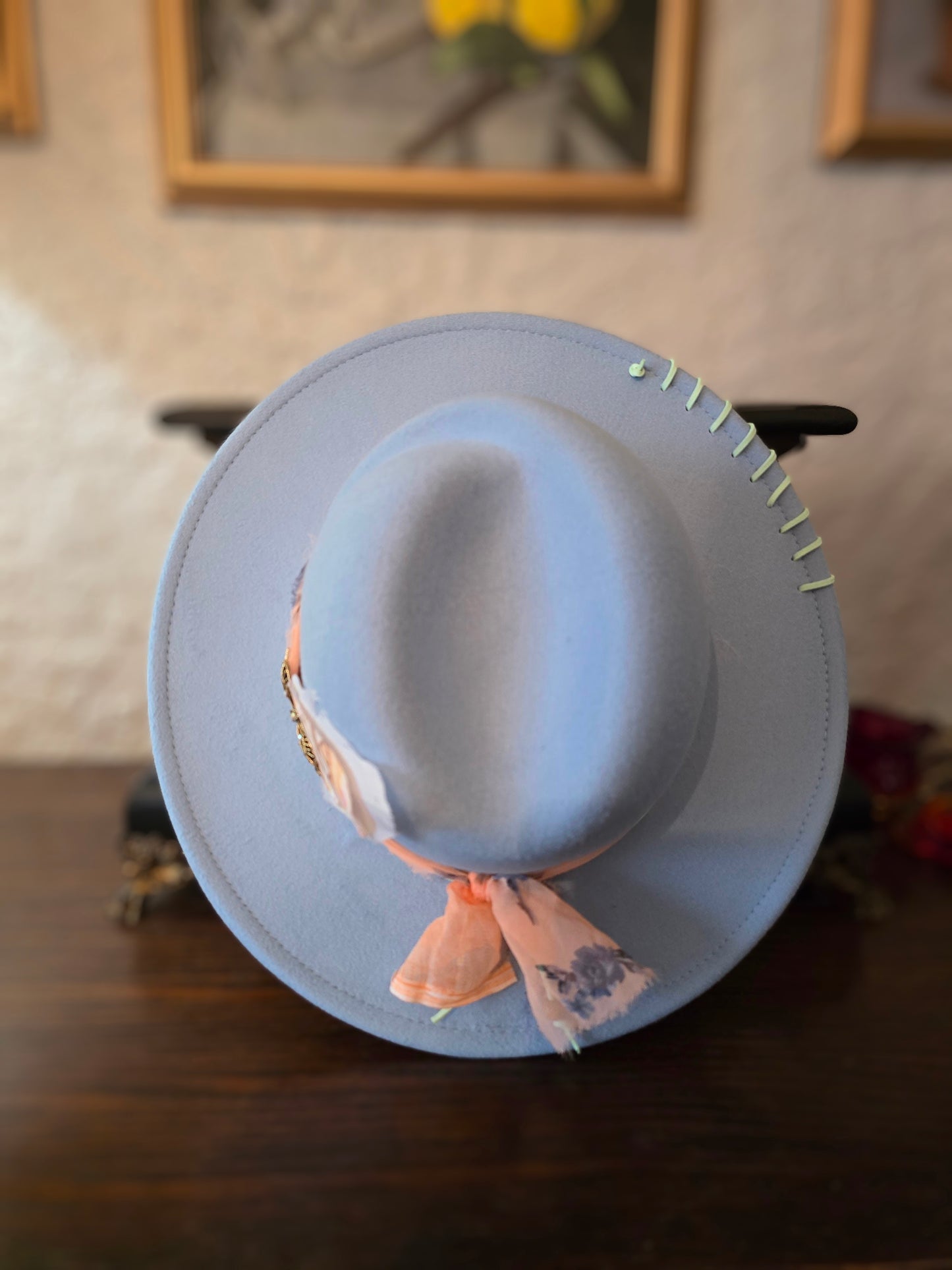 Folded Crown Fedora with Chiffon & Vintage Clip Accent in Sky Blue