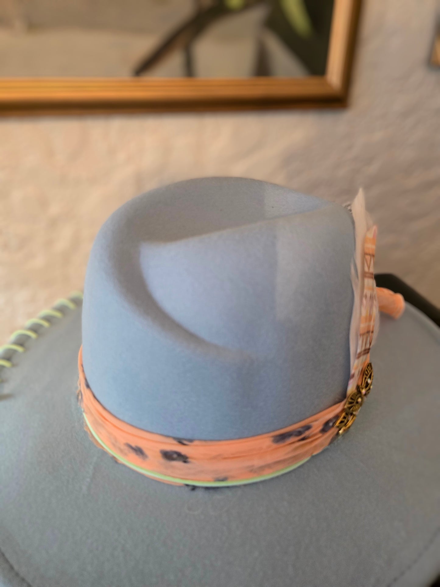 Folded Crown Fedora with Chiffon & Vintage Clip Accent in Sky Blue