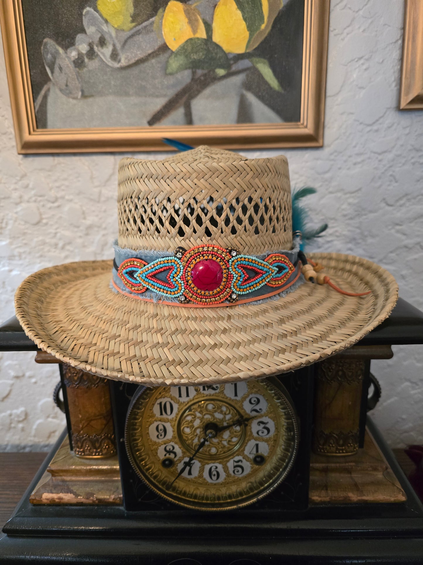 Vented Straw Rancher Hat - Beaded Hatband with Cabochon Centerpiece & Teal Feather Bundle