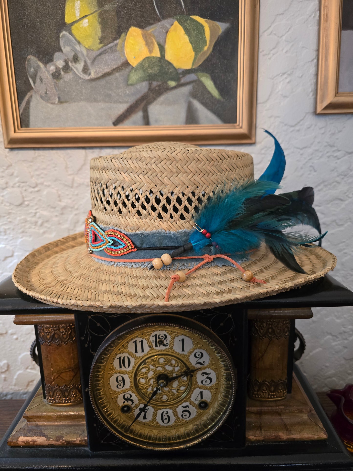 Vented Straw Rancher Hat - Beaded Hatband with Cabochon Centerpiece & Teal Feather Bundle