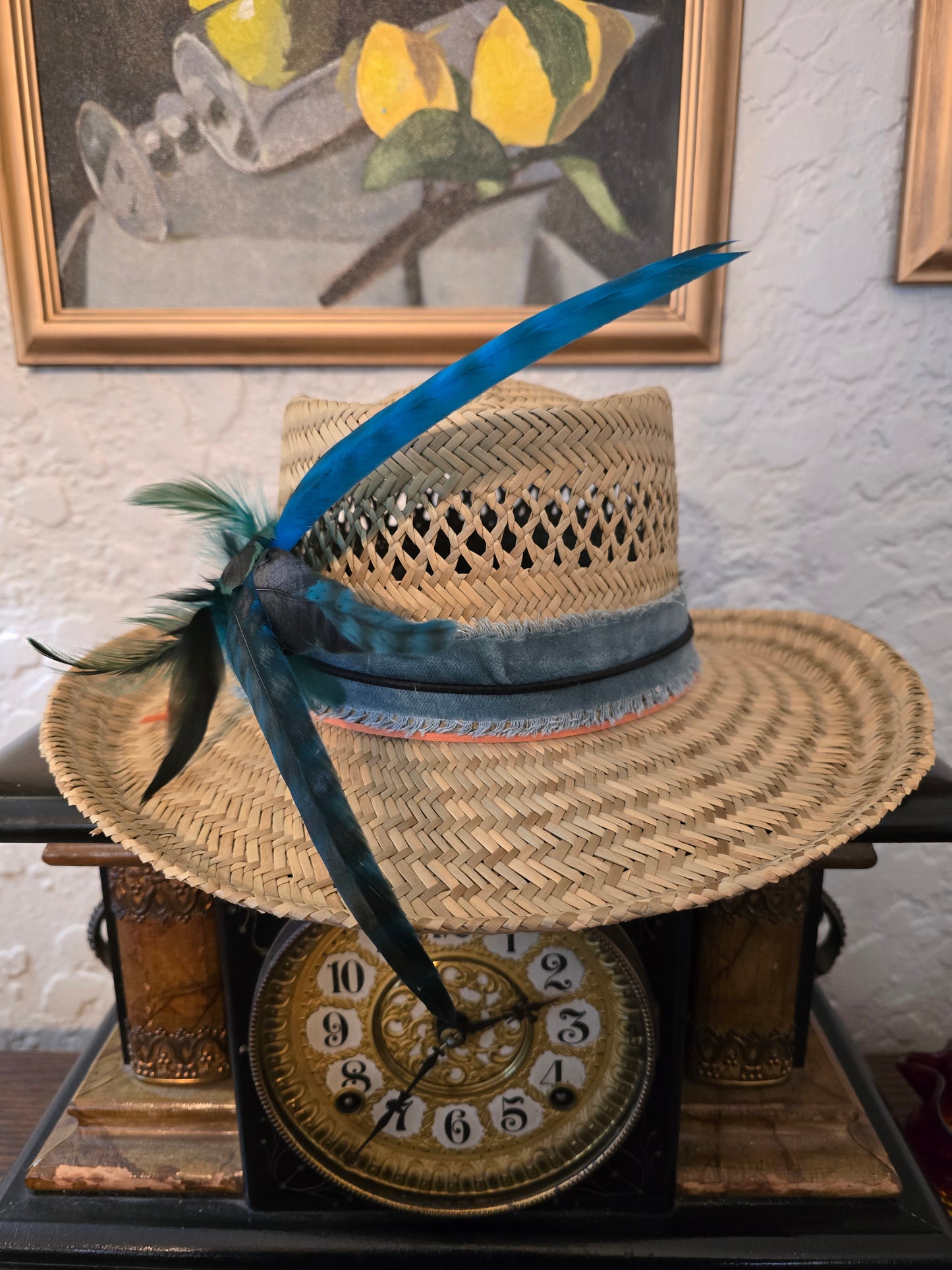 Vented Straw Rancher Hat - Beaded Hatband with Cabochon Centerpiece & Teal Feather Bundle