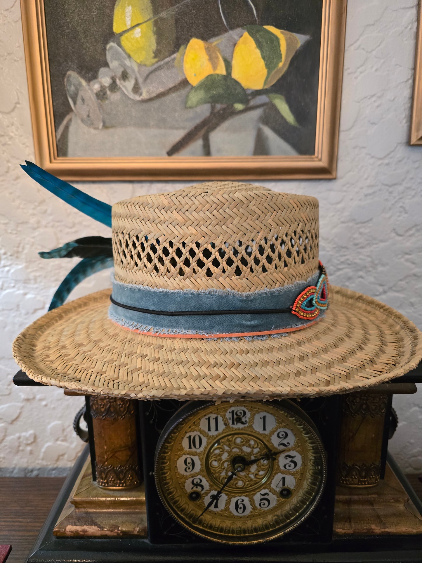 Vented Straw Rancher Hat - Beaded Hatband with Cabochon Centerpiece & Teal Feather Bundle