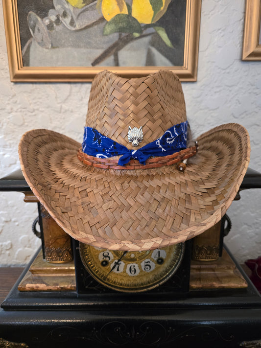 Cocoa Straw Cowboy Hat - Royal Blue Bandana & Vintage Leather Link Belt Hatband