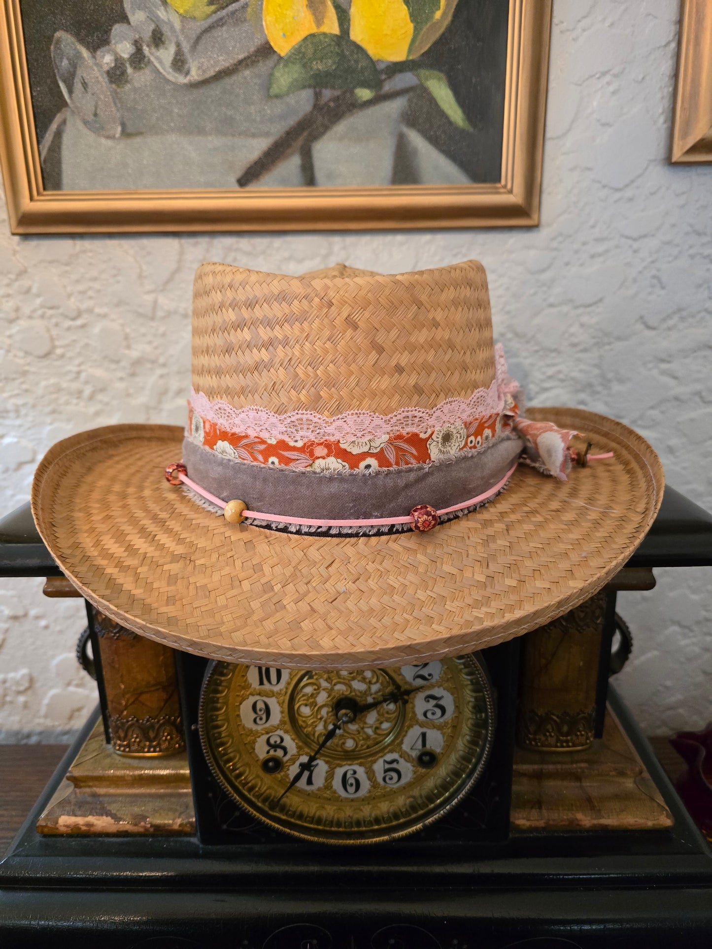 Straw Gambler Hat - Layered Fabric, Lace & Beaded Suede Cord Hatband