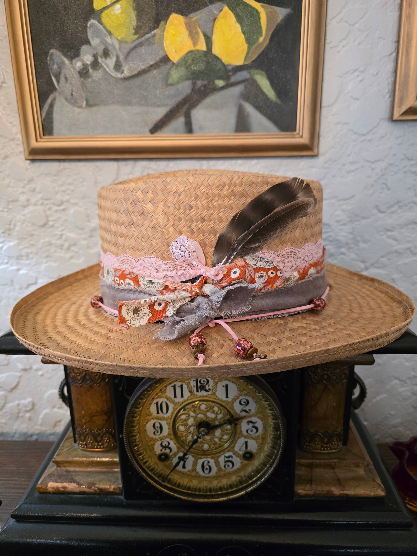 Straw Gambler Hat - Layered Fabric, Lace & Beaded Suede Cord Hatband
