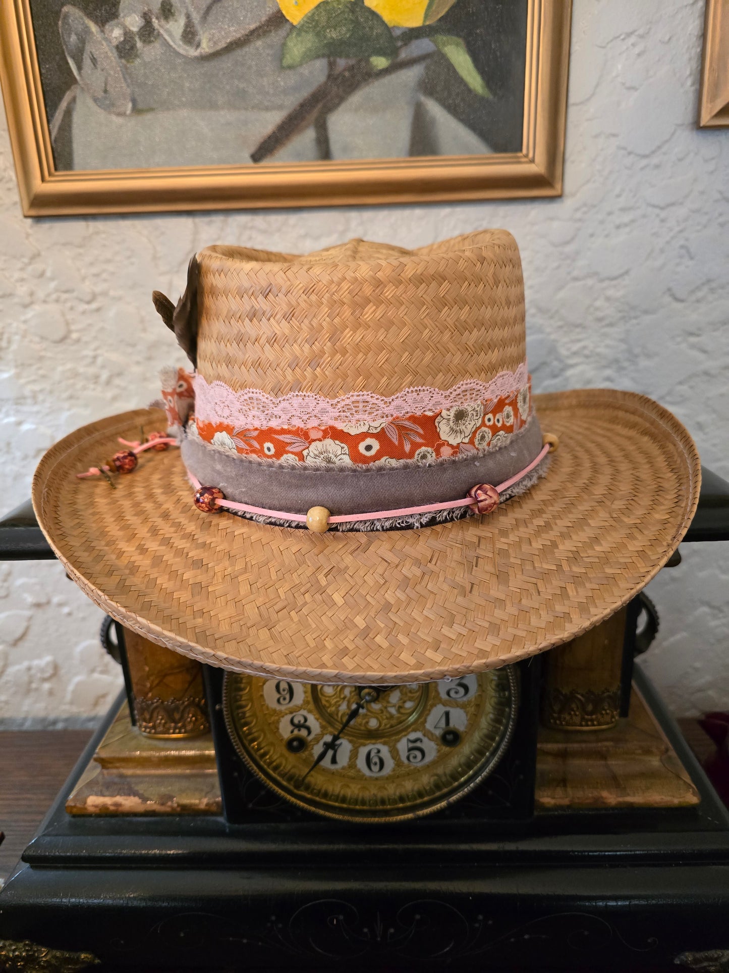 Straw Gambler Hat - Layered Fabric, Lace & Beaded Suede Cord Hatband