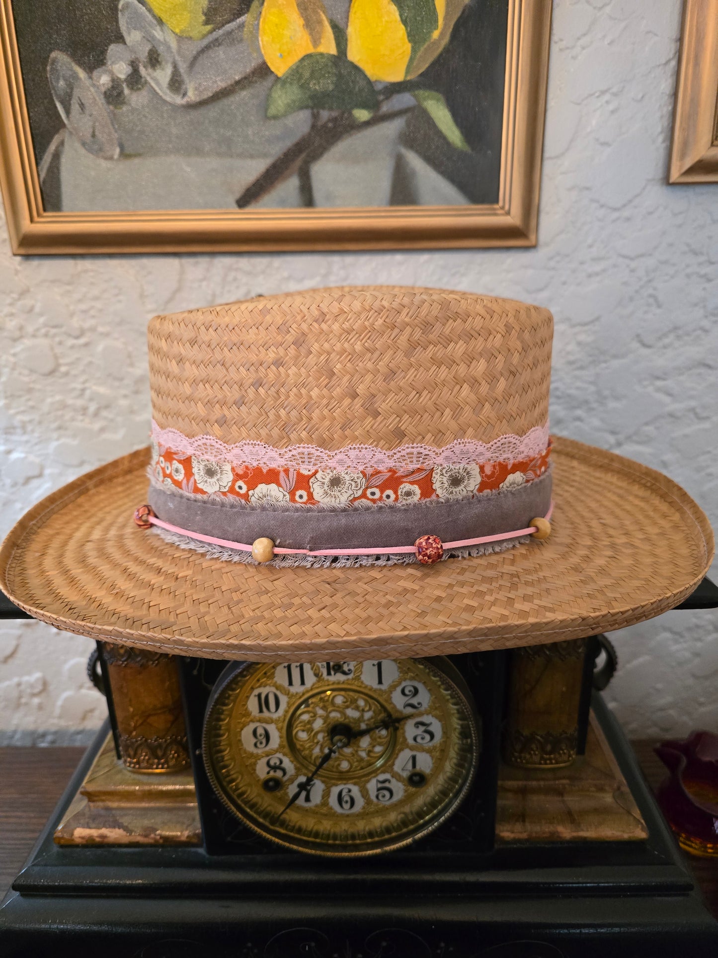 Straw Gambler Hat - Layered Fabric, Lace & Beaded Suede Cord Hatband
