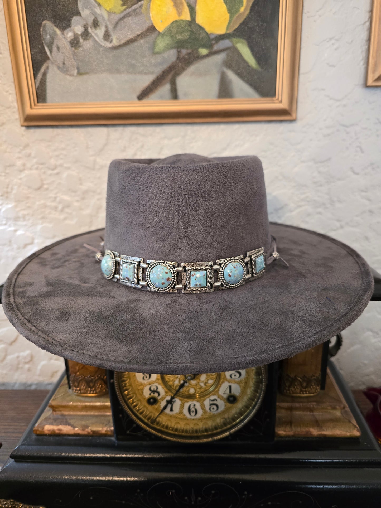 Steel Gray Faux Suede Telescope Rancher - Silver & Turquoise Hatband