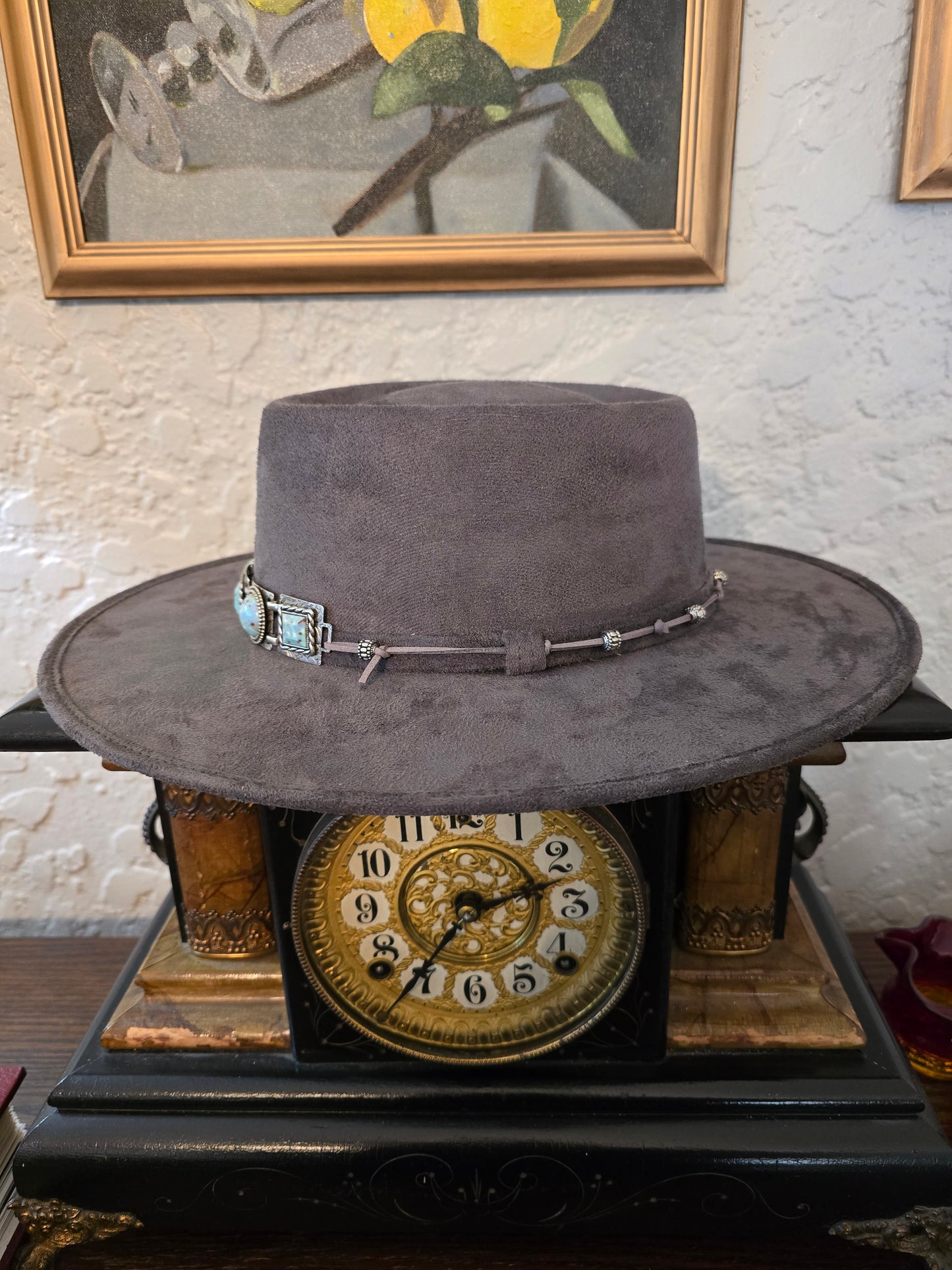 Steel Gray Faux Suede Telescope Rancher - Silver & Turquoise Hatband