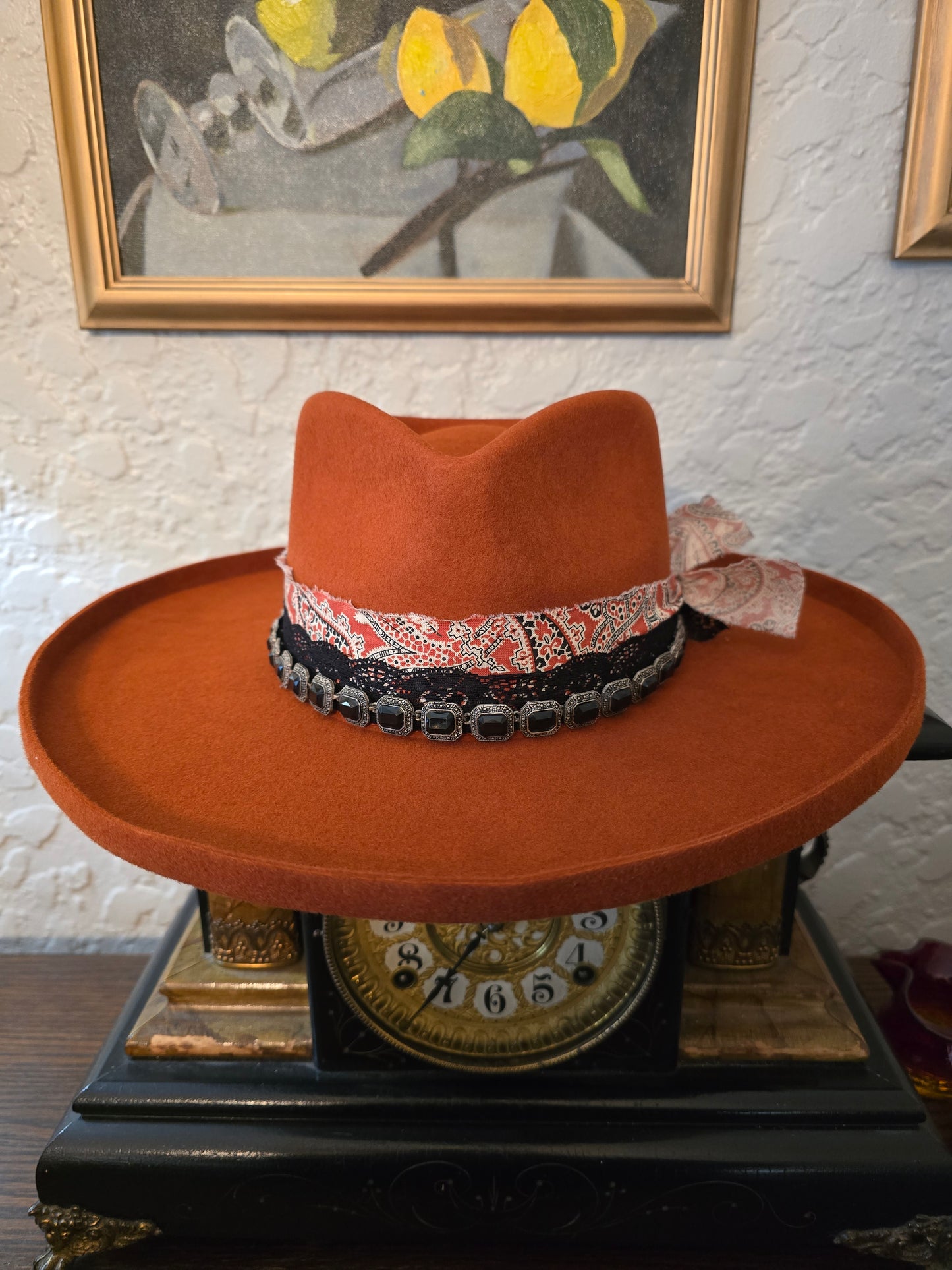 Rust Premium Wool Pencil Brim Hat - Layered Fabric & Vintage Necklace Hatband