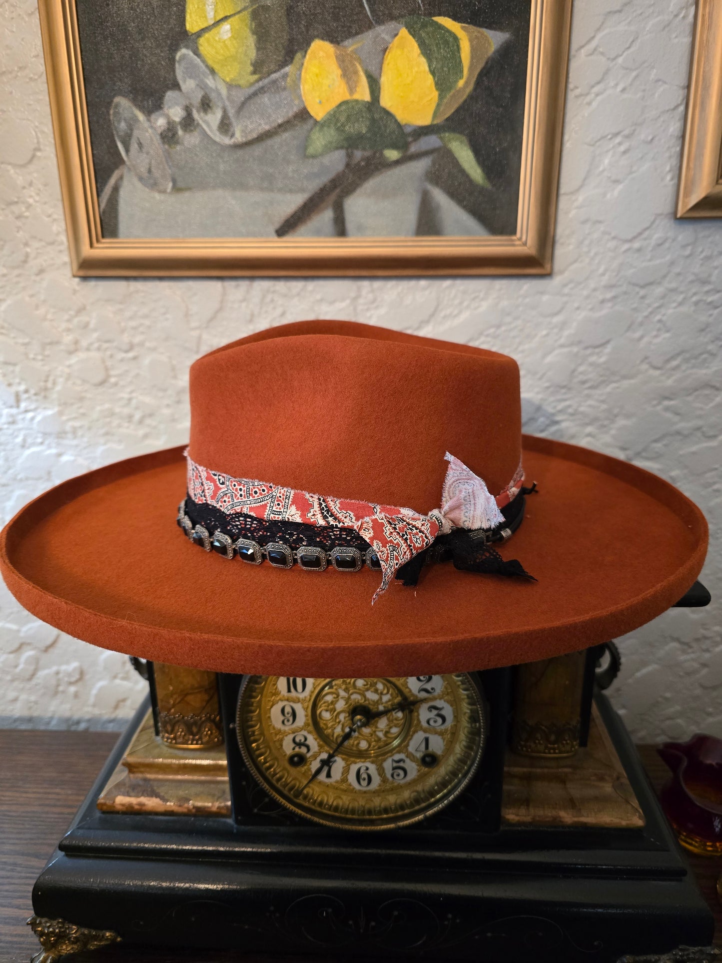 Rust Premium Wool Pencil Brim Hat - Layered Fabric & Vintage Necklace Hatband
