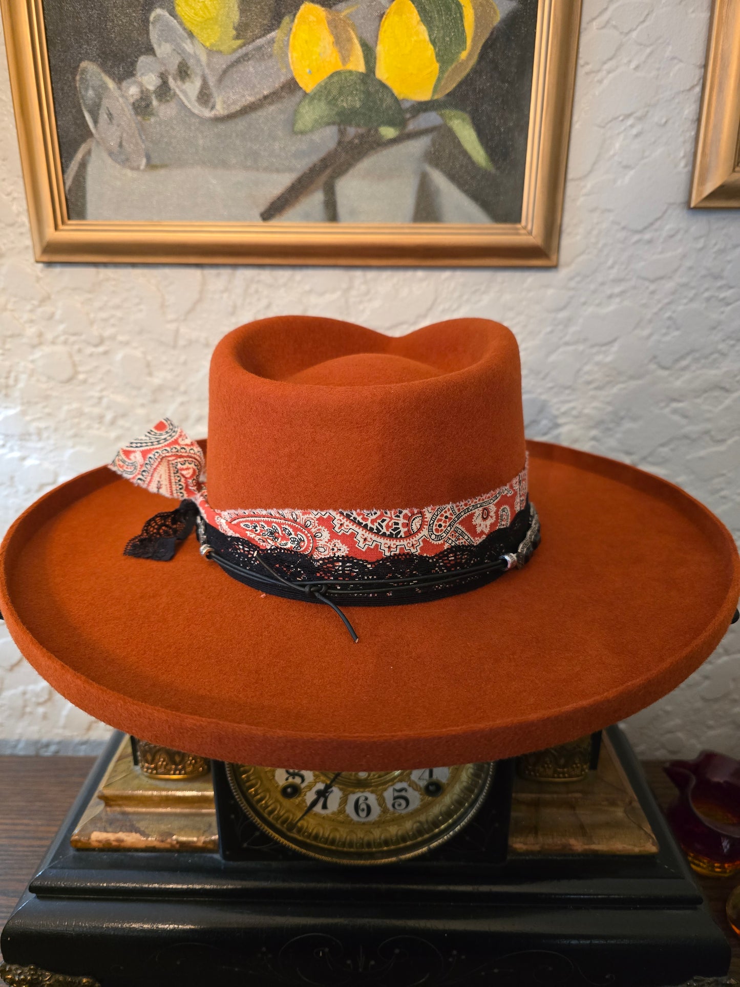 Rust Premium Wool Pencil Brim Hat - Layered Fabric & Vintage Necklace Hatband