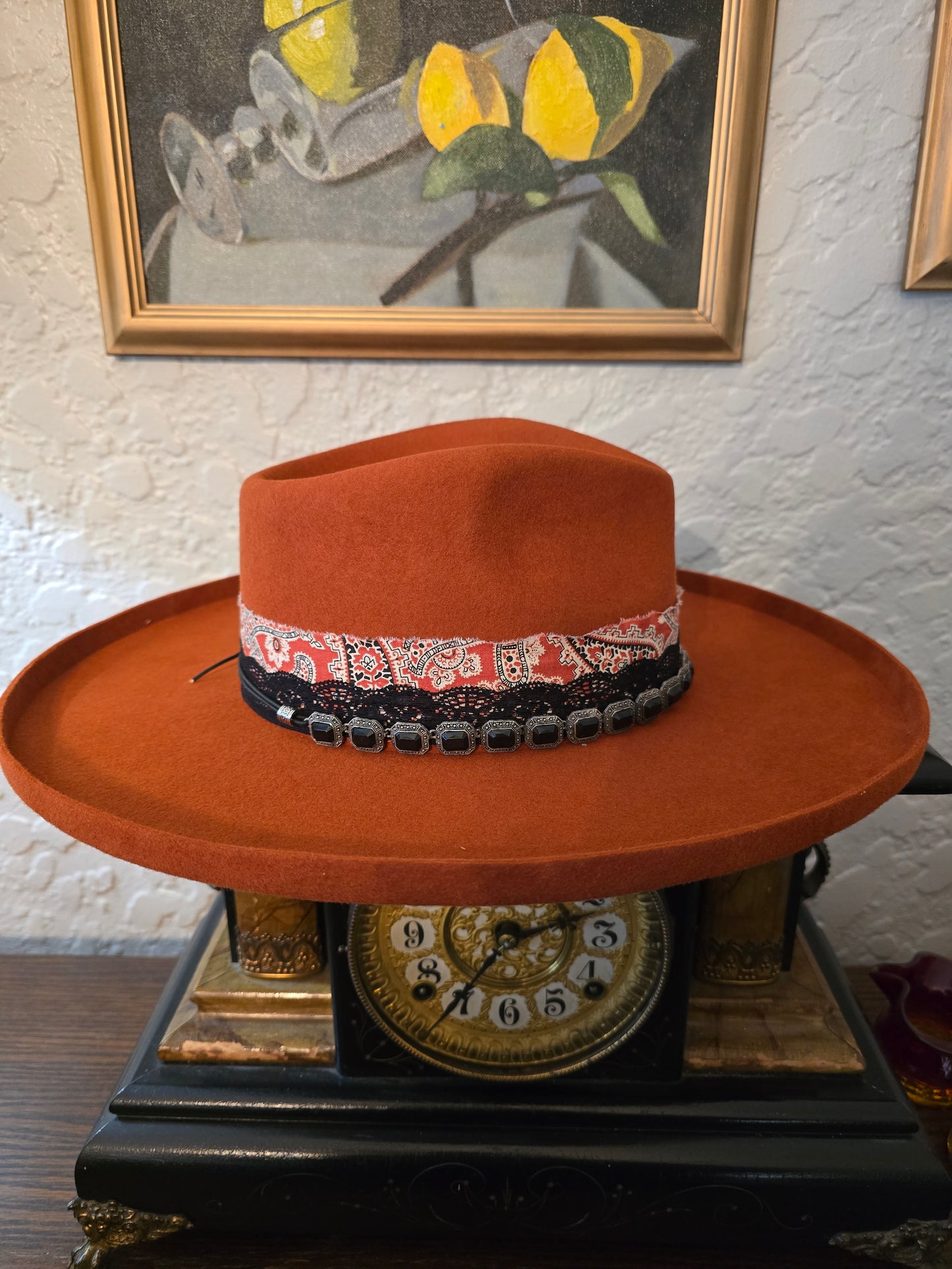 Rust Premium Wool Pencil Brim Hat - Layered Fabric & Vintage Necklace Hatband