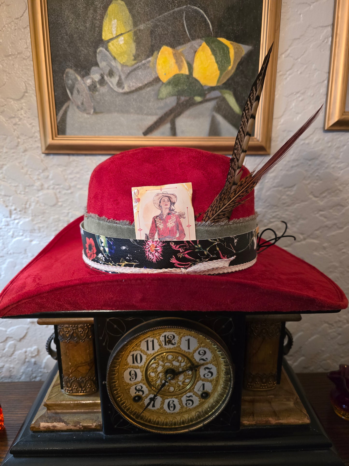 Red Faux Suede Cowboy Hat with Layered Hatband & Feathers